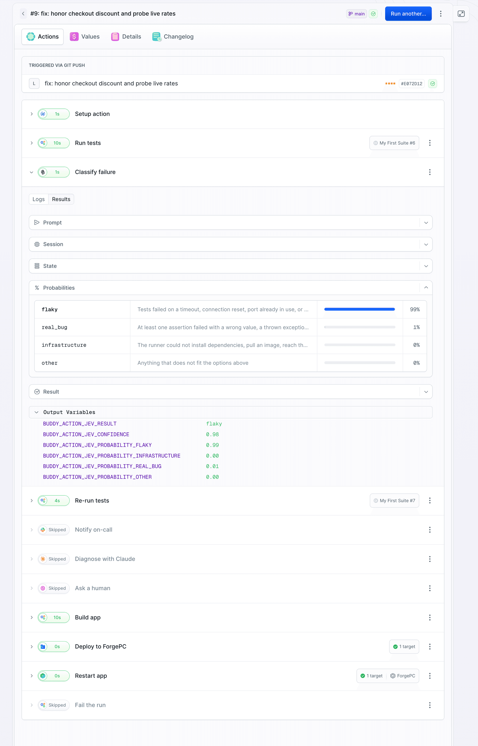 Run #9 in Buddy: Jev picks flaky at 99%, Re-run tests is green, Notify on-call, Diagnose with Claude and Ask a human are skipped, Build app, Deploy to FrogePC and Restart app are green