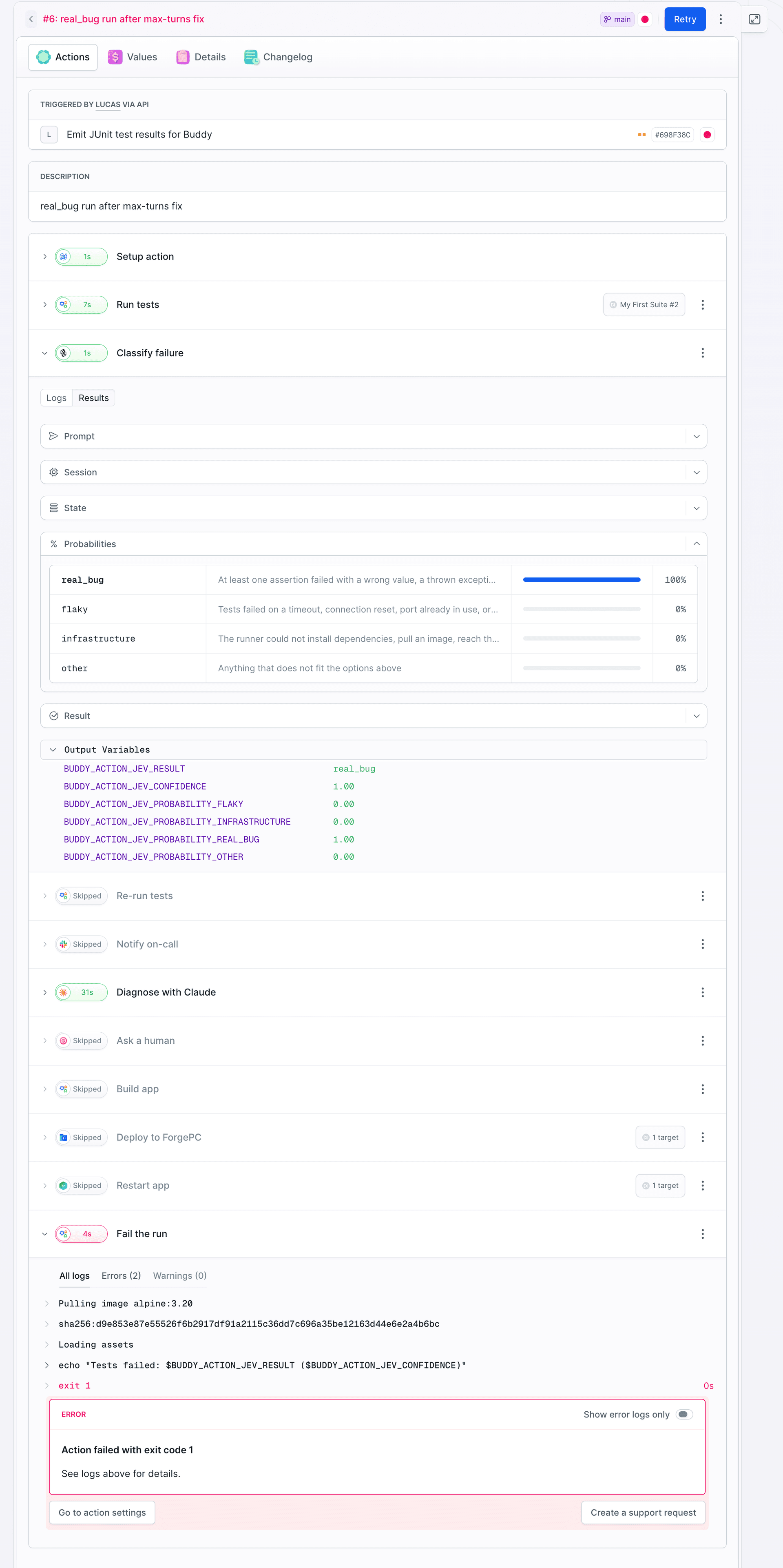 Run #6 in Buddy: Jev picks real_bug at 100%, Re-run tests and Notify on-call are skipped, Diagnose with Claude runs for 31 seconds, Build app and Deploy to FrogePC are skipped, Fail the run exits with code 1