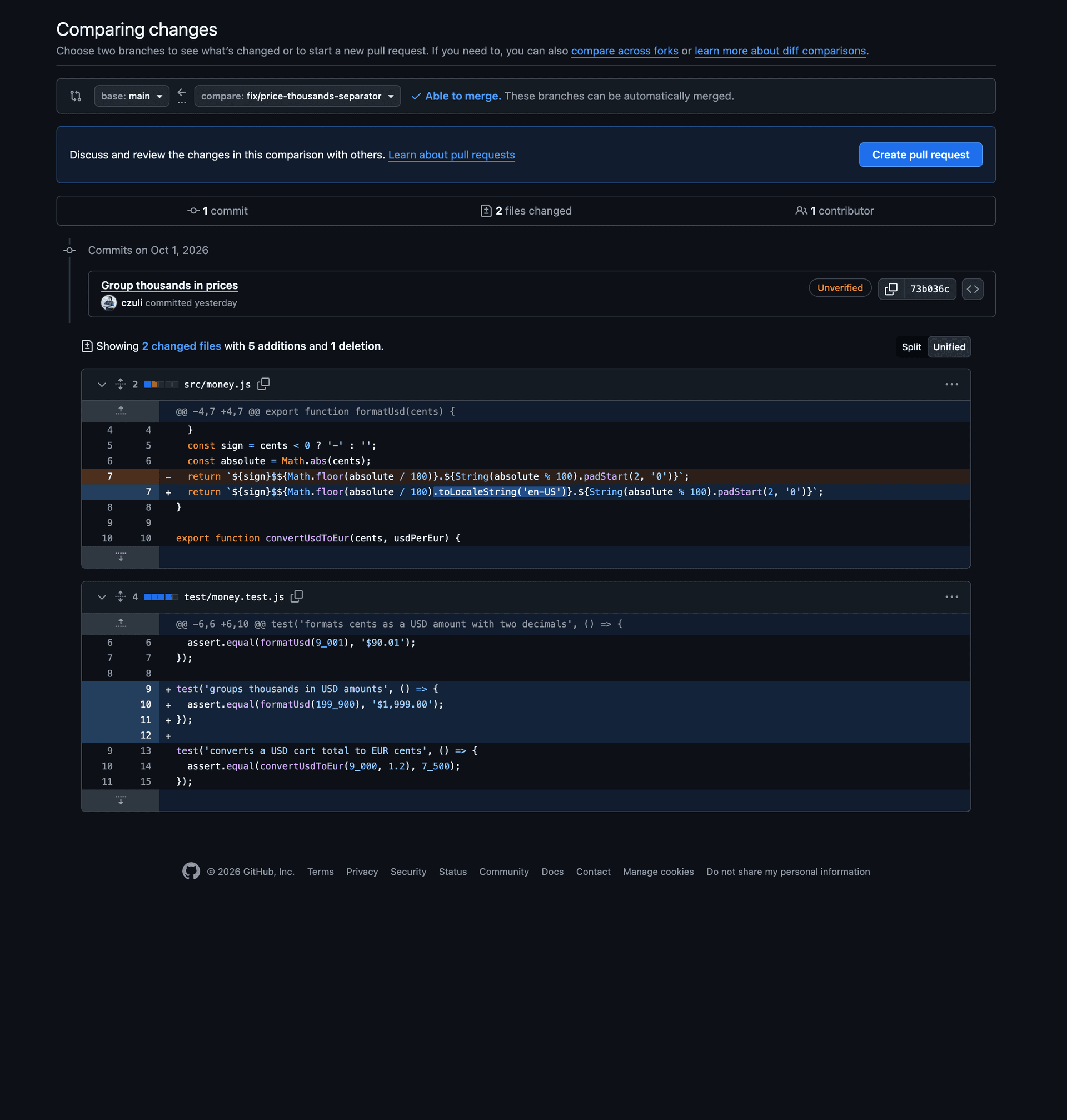 Diff of the price formatting branch: formatUsd in src/money.js adds toLocaleString('en-US') and test/money.test.js expects $1,999.00 for 199_900 cents, no file under web/ changes