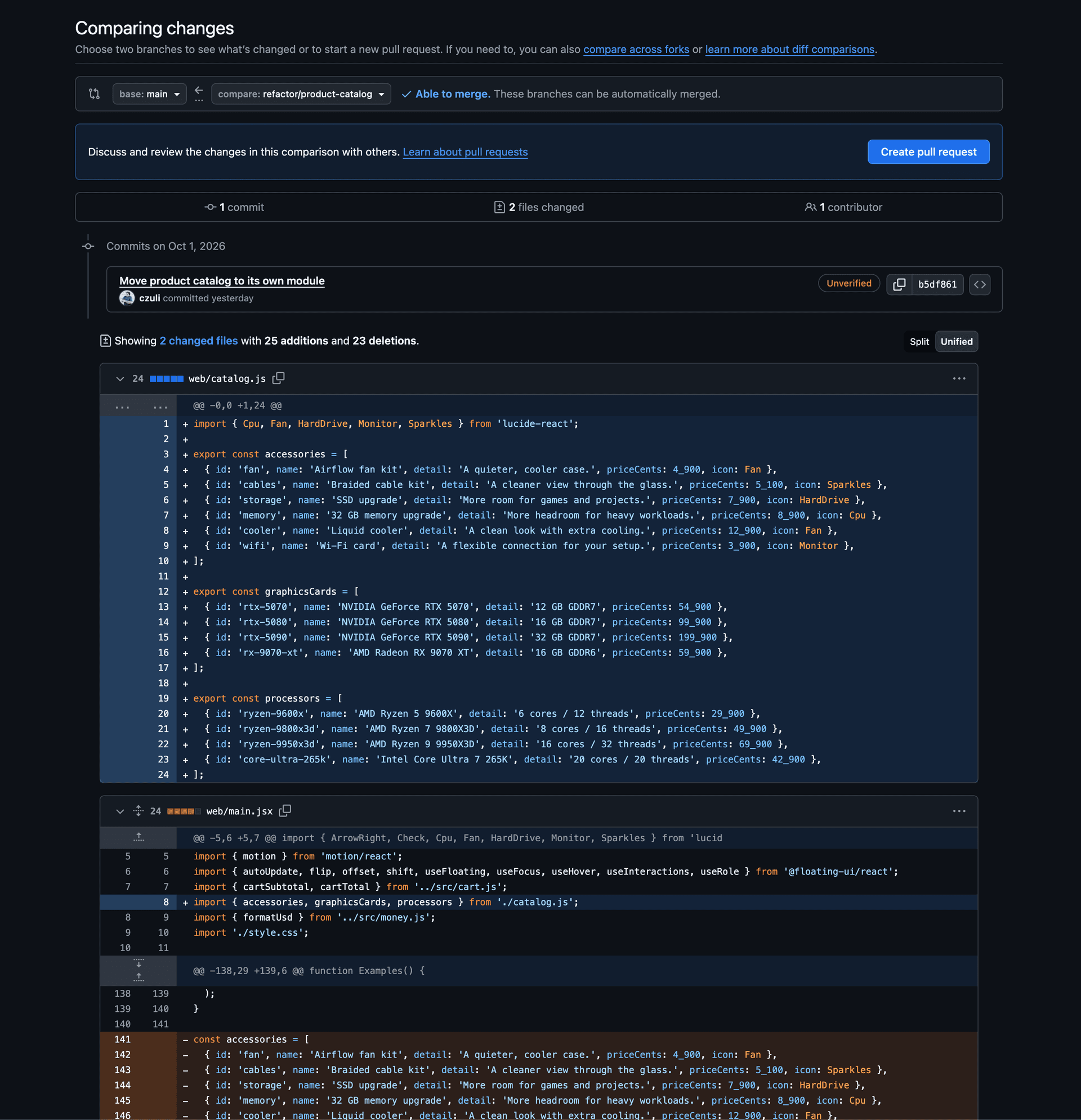 Diff of the catalog refactor branch: the accessories, graphics cards and processors arrays move from web/main.jsx to a new web/catalog.js with the same values, main.jsx imports them