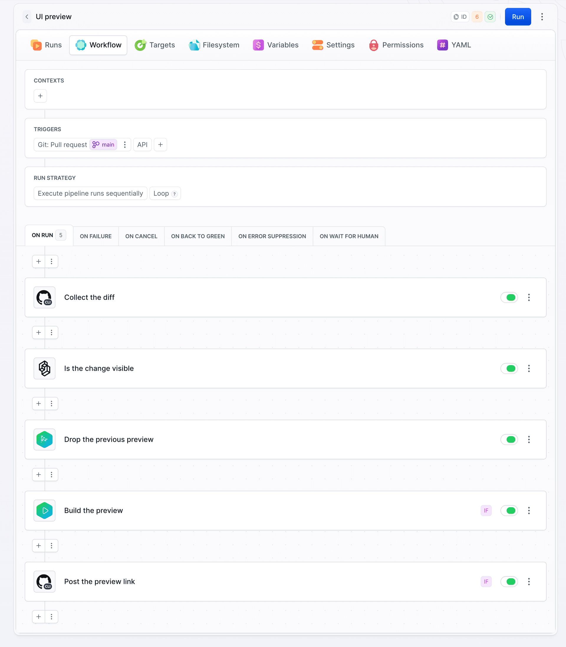 Workflow tab of the UI preview pipeline in Buddy: Collect the diff, Is the change visible, Drop the previous preview, then Build the preview and Post the preview link with IF badges