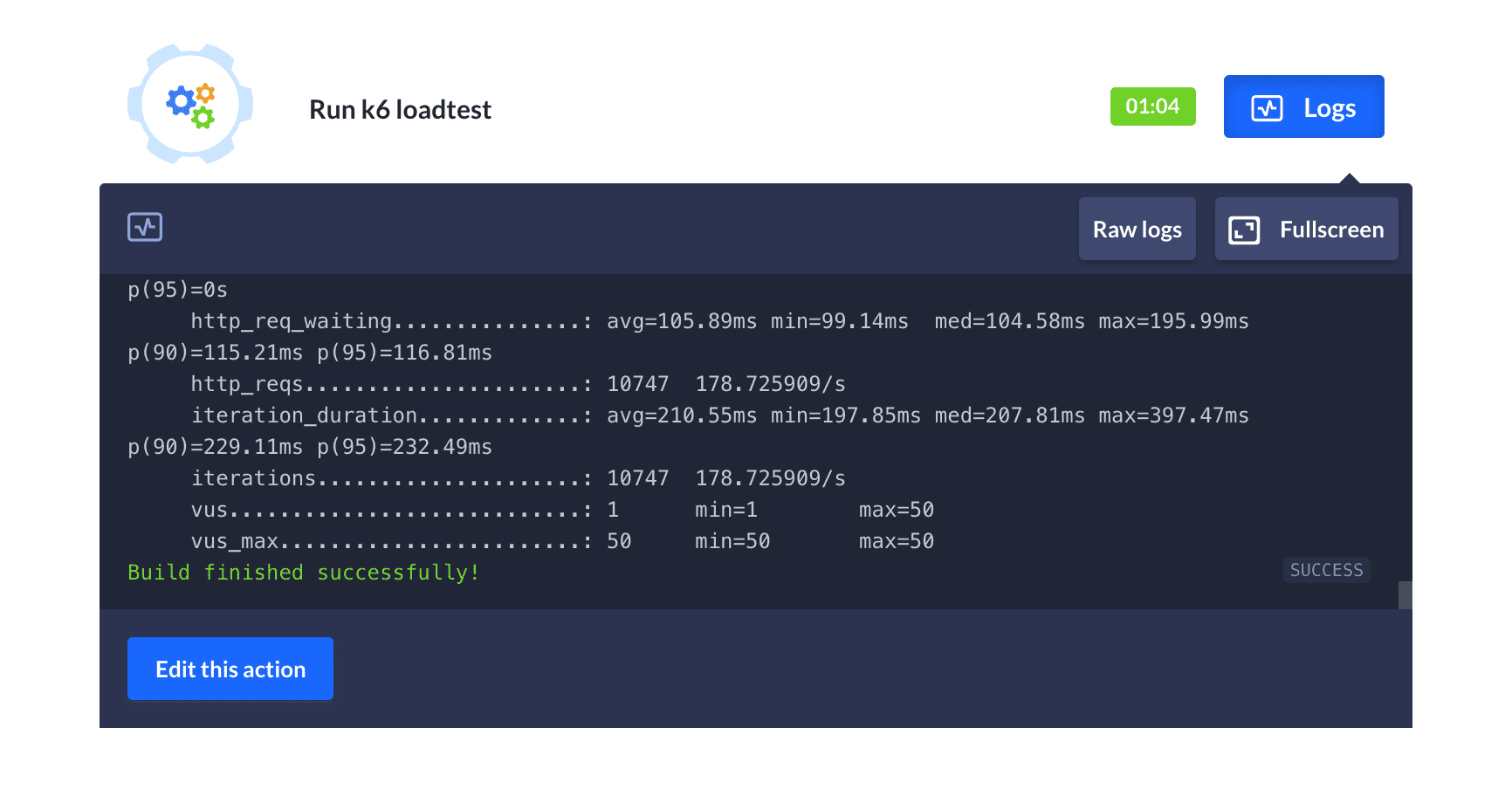 k6 test results in logs