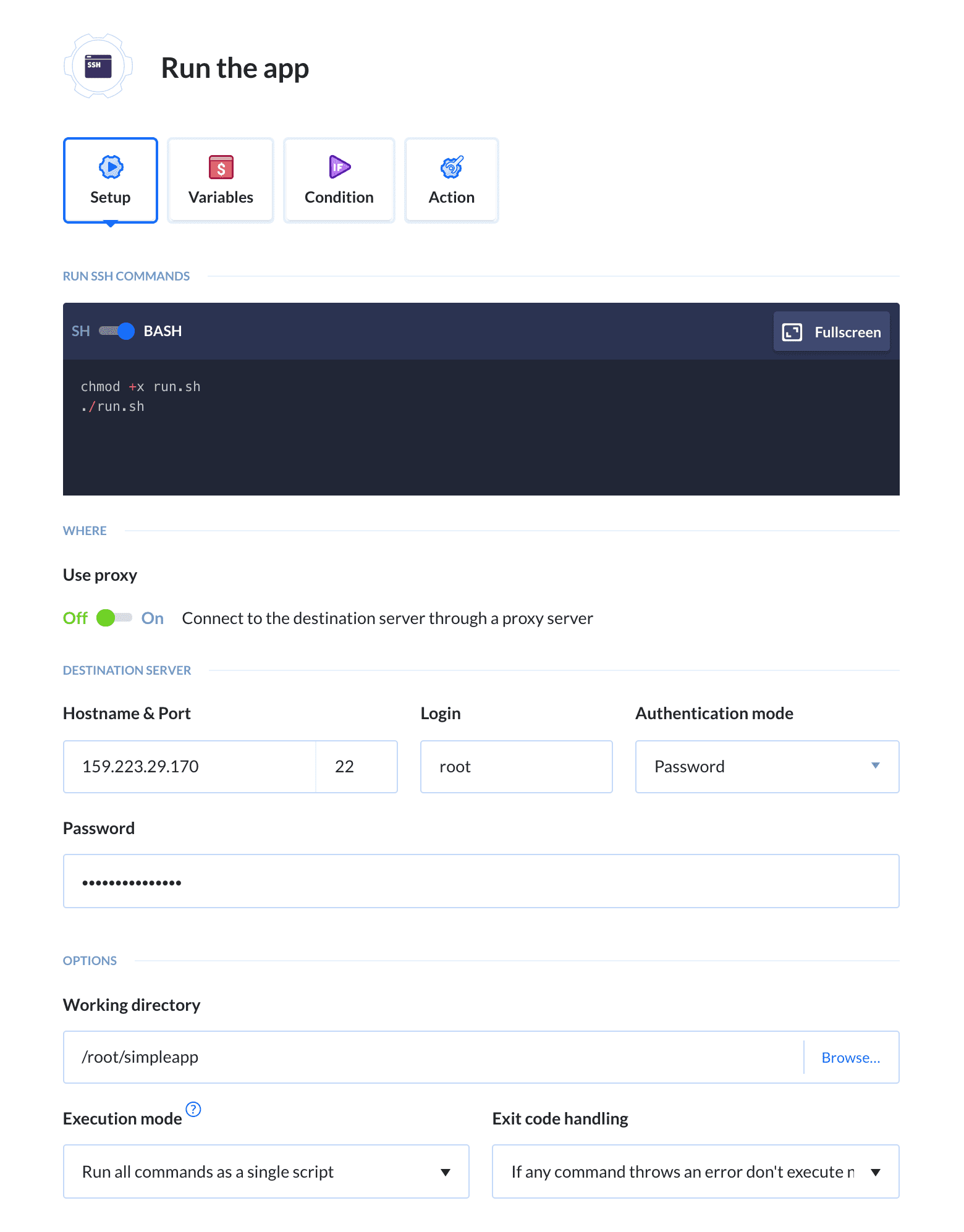Running the app with SSH action