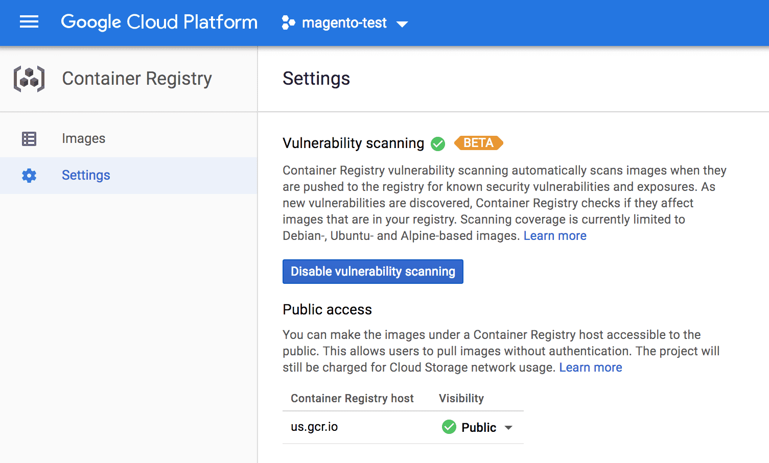 Container registry settings