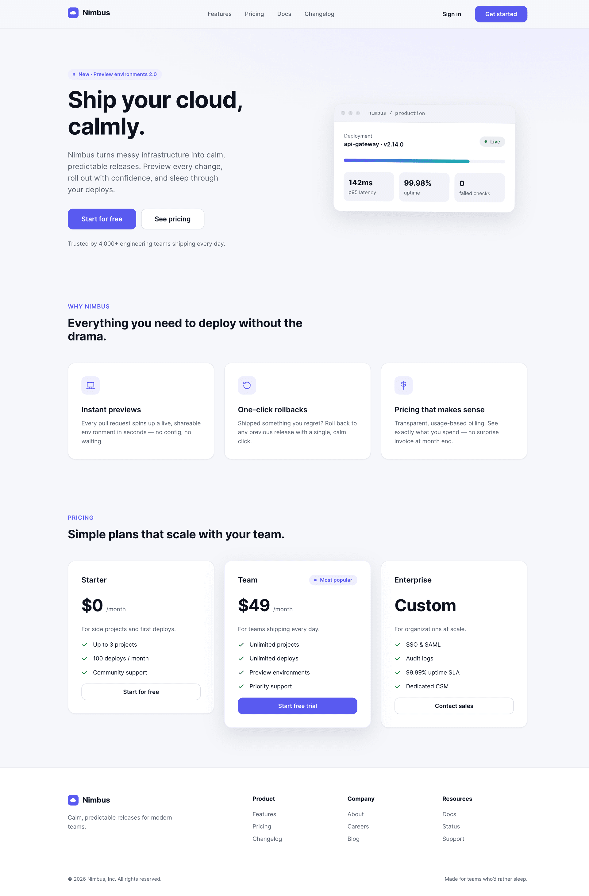 The Nimbus landing page with a hero section, feature cards, and three pricing plans