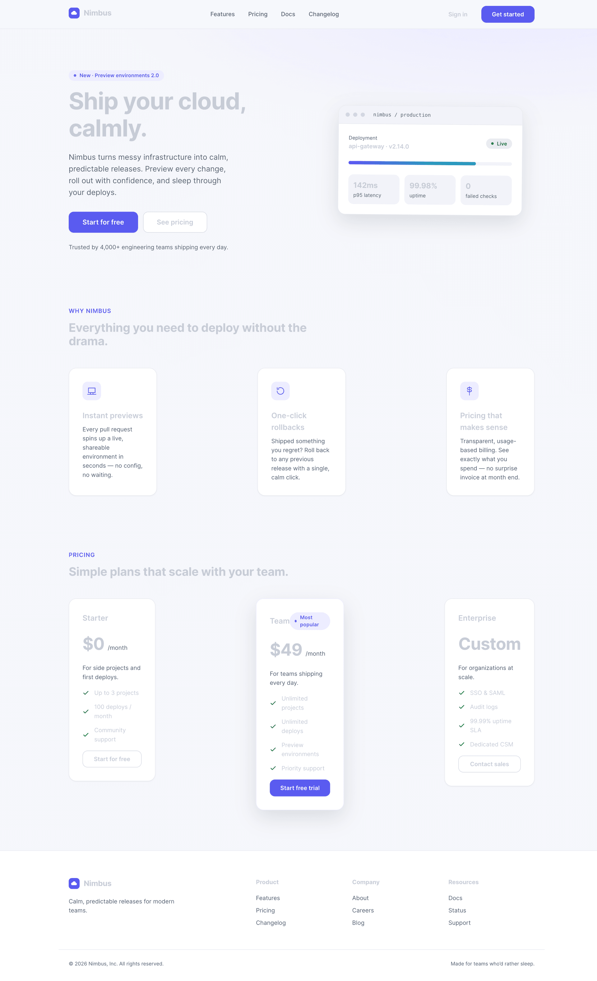 The landing page after a regression, with faded text and a broken pricing grid