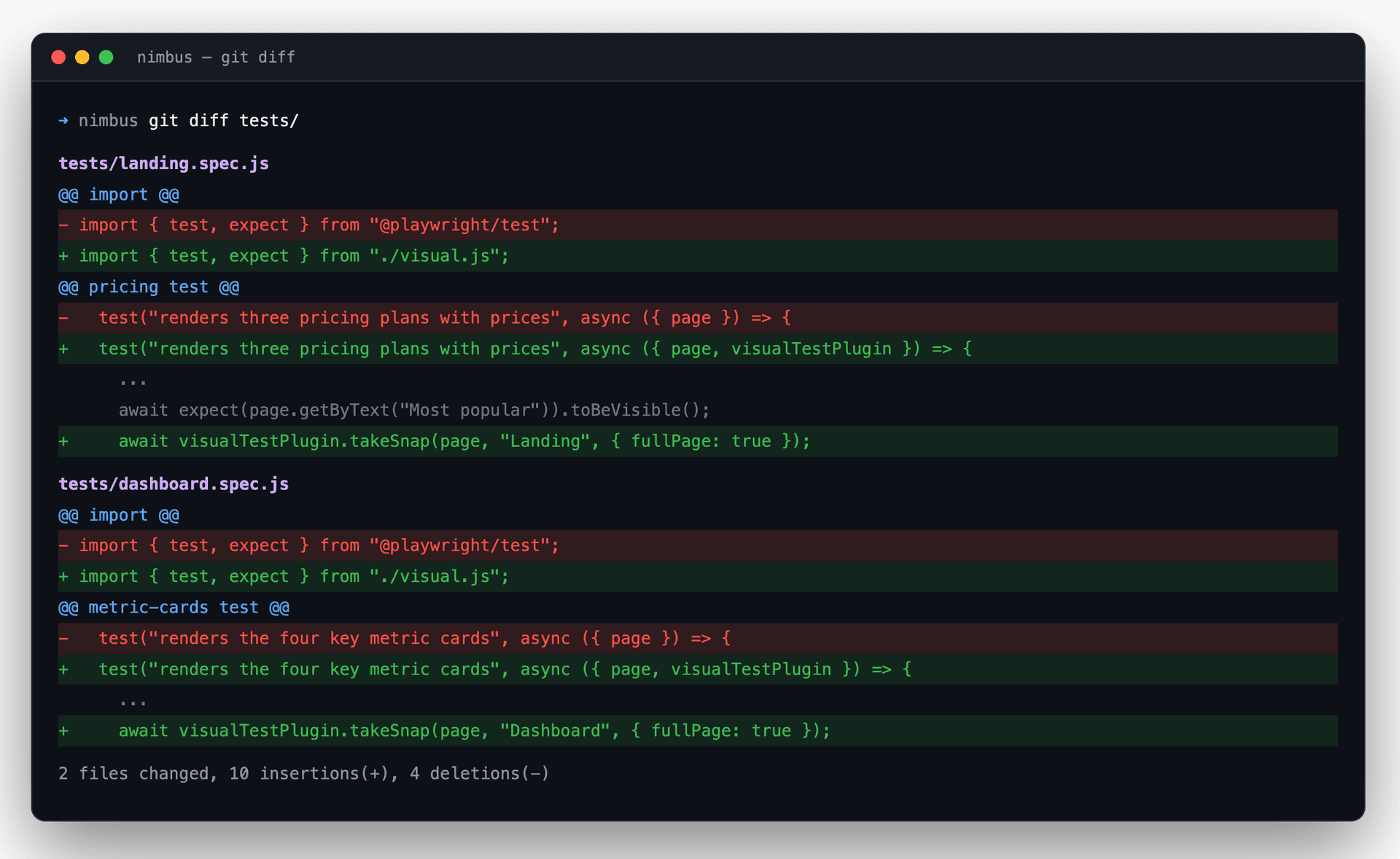 A git diff showing the fixture import and one takeSnap call per view