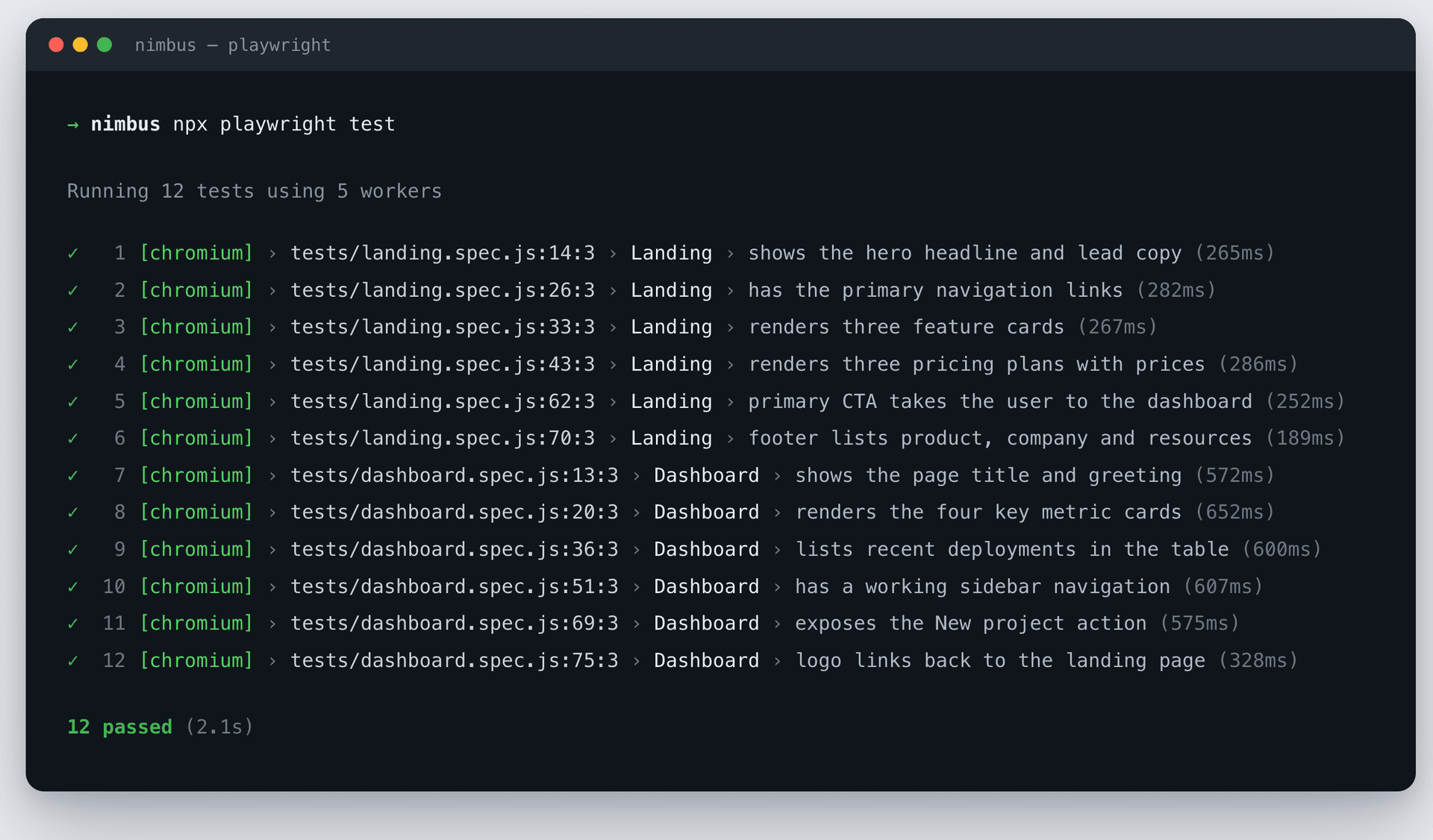 Terminal output showing that all 12 tests still pass despite the broken UI