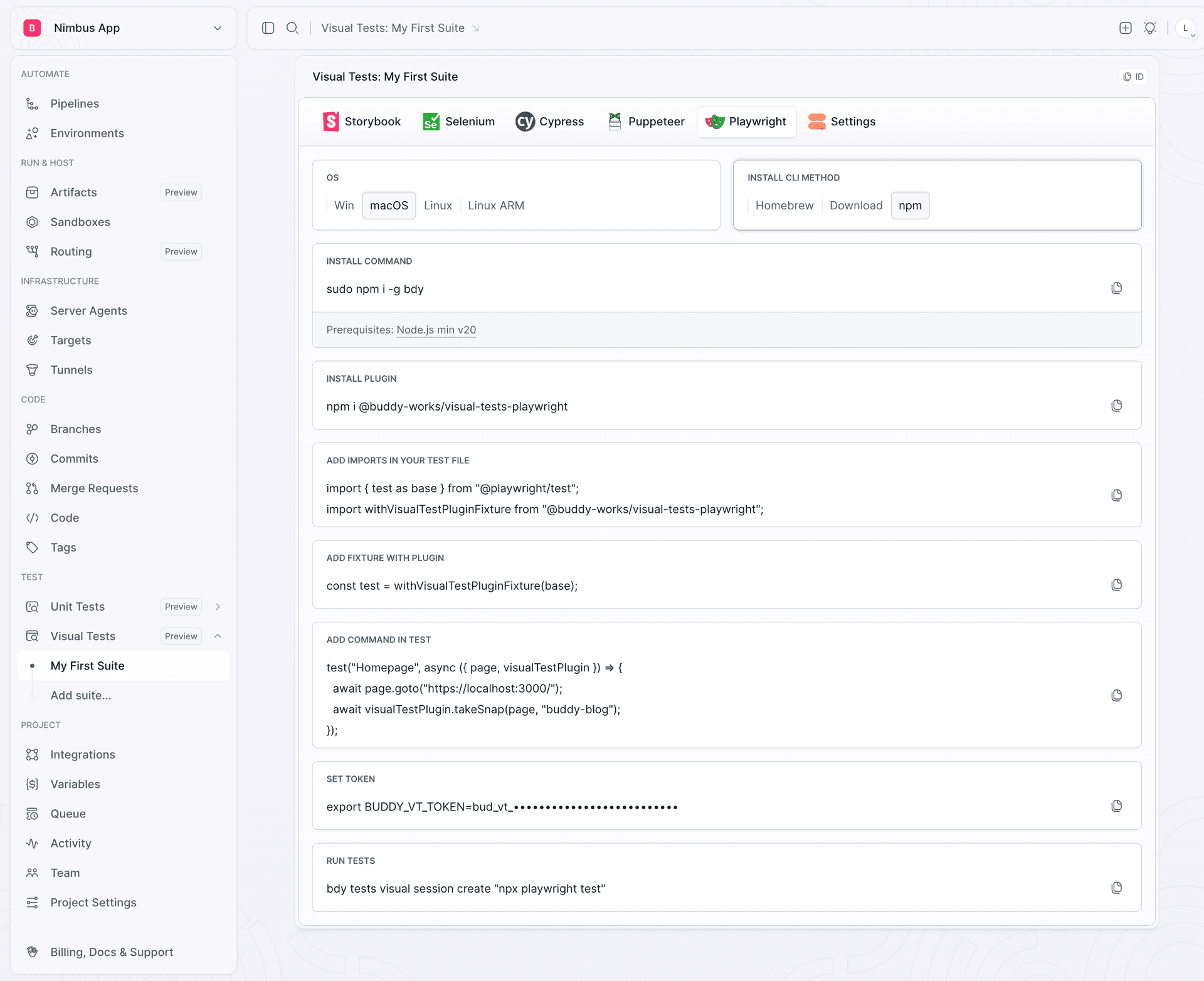 The Buddy Connect screen showing the Playwright import, fixture, takeSnap call, and session command, with the token hidden