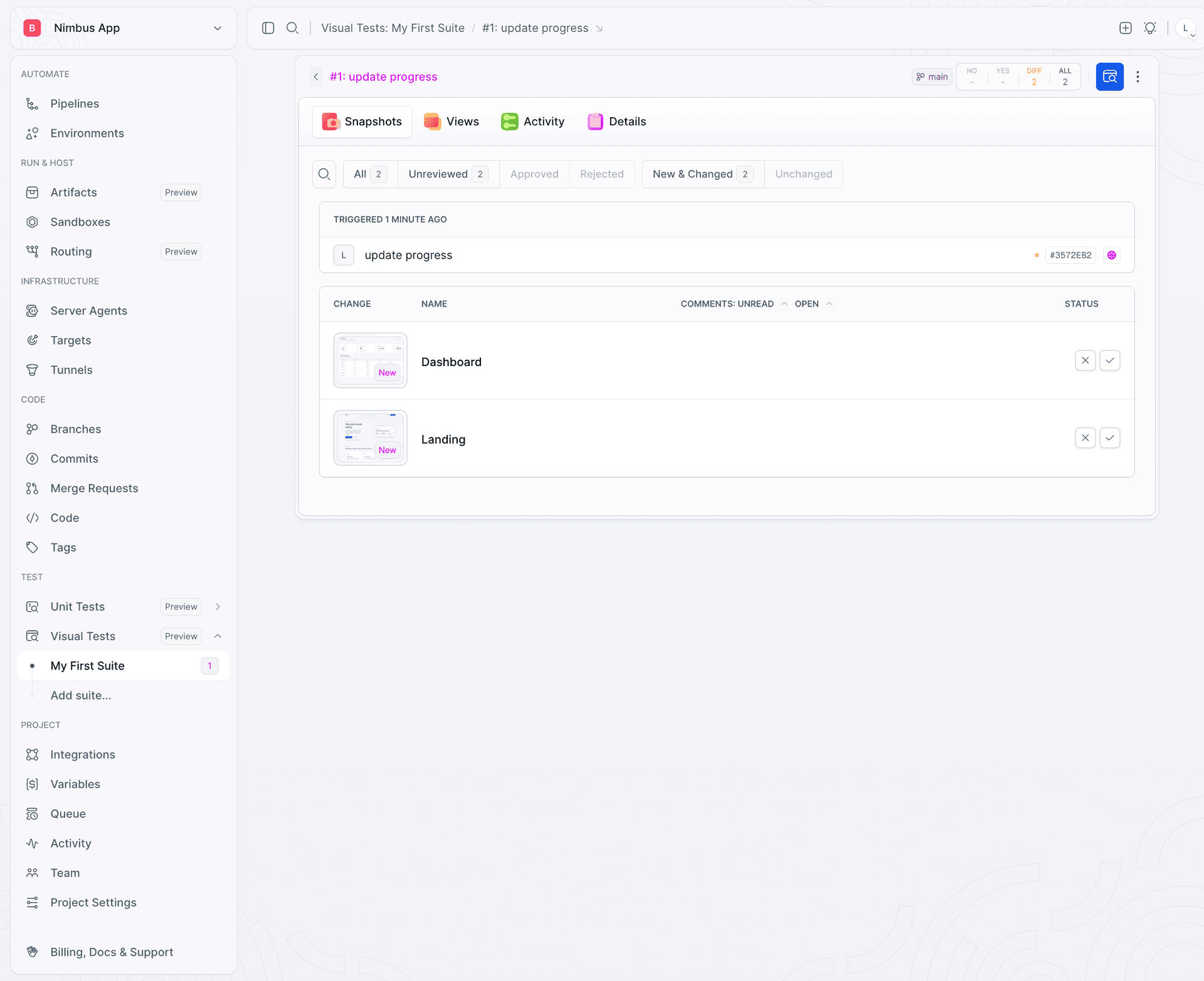 A snapshot gallery showing Landing and Dashboard with New and Unreviewed statuses