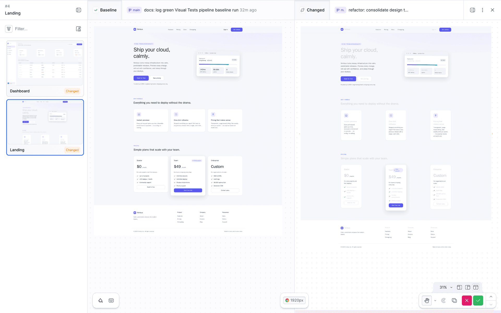 A Landing diff with the sharp baseline on the left and faded text and a broken pricing grid on the right