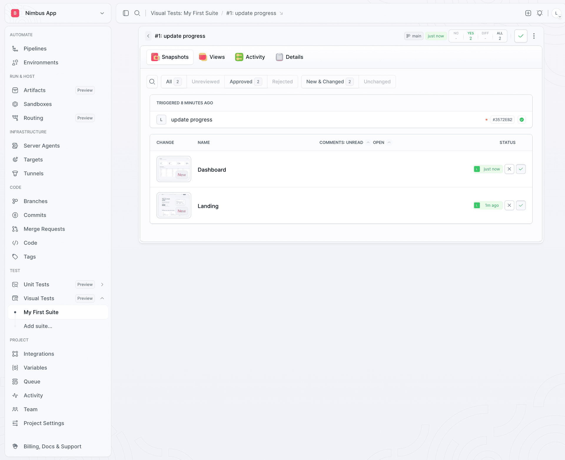 The snapshot list filtered to show two approved views