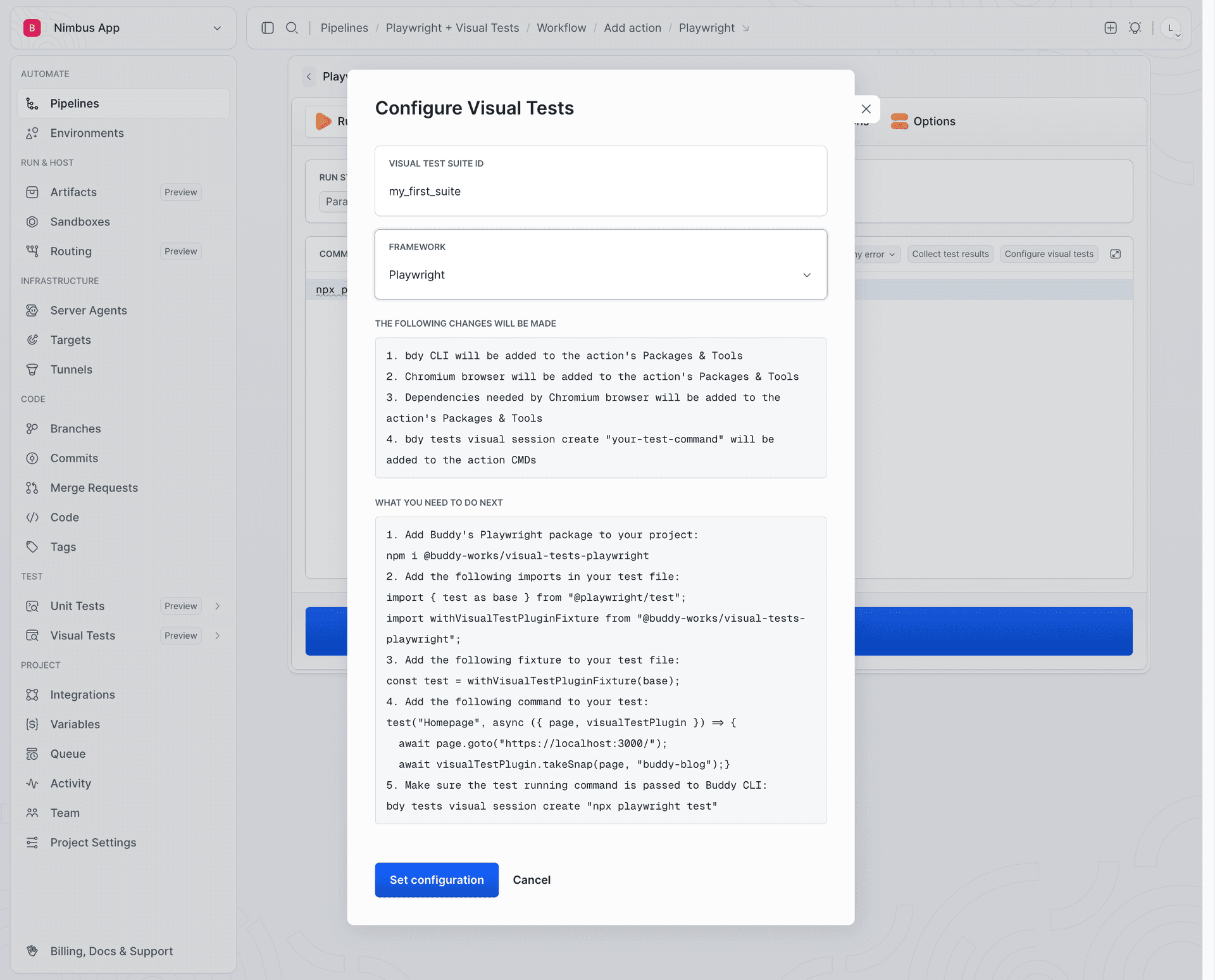 The Configure Visual Tests dialog with Playwright selected and a suite connected