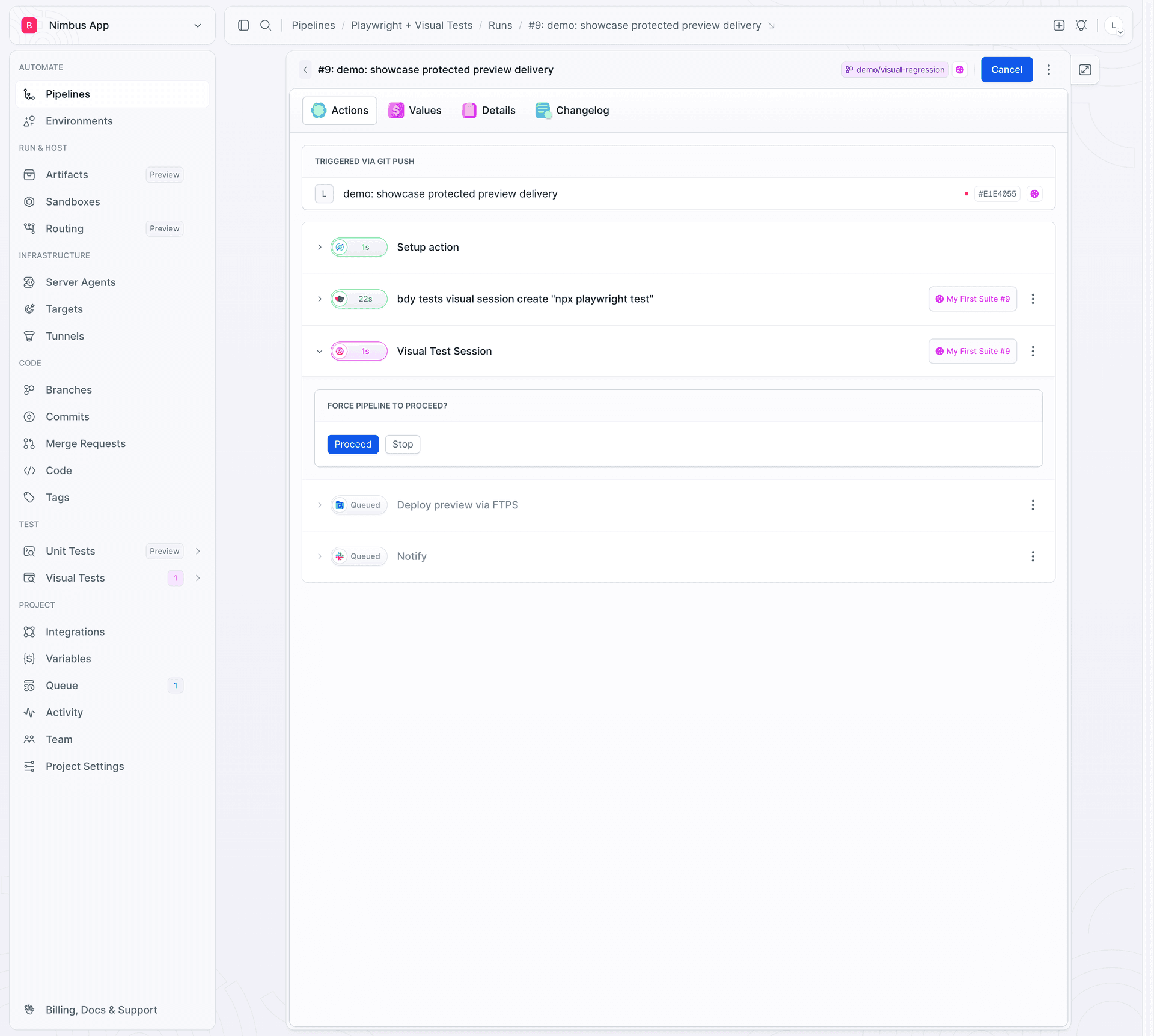 A feature branch pipeline paused at APPROVE_VT while the FTPS and Slack actions wait