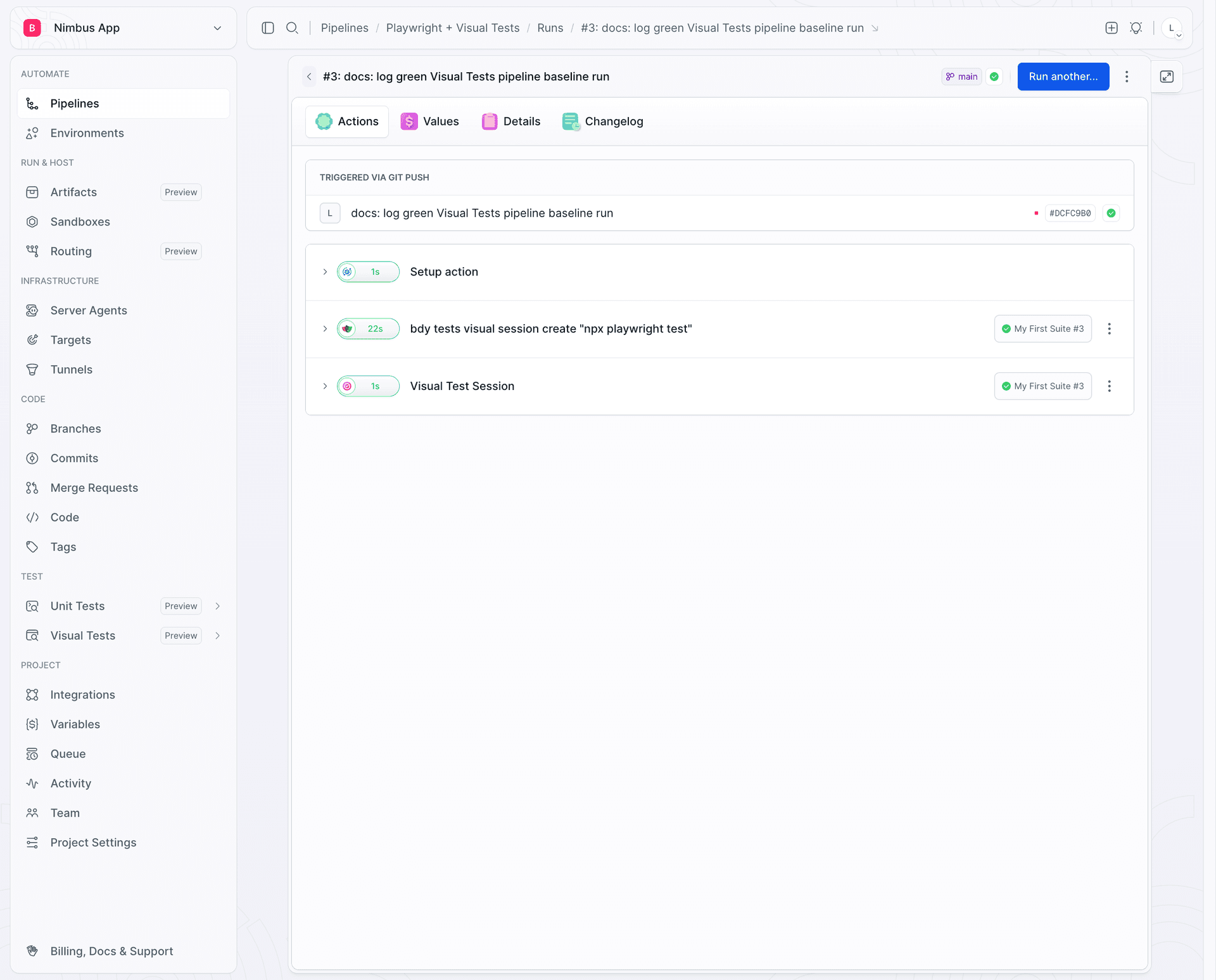 A successful pipeline with the setup, Visual Tests session, and approval gate completed