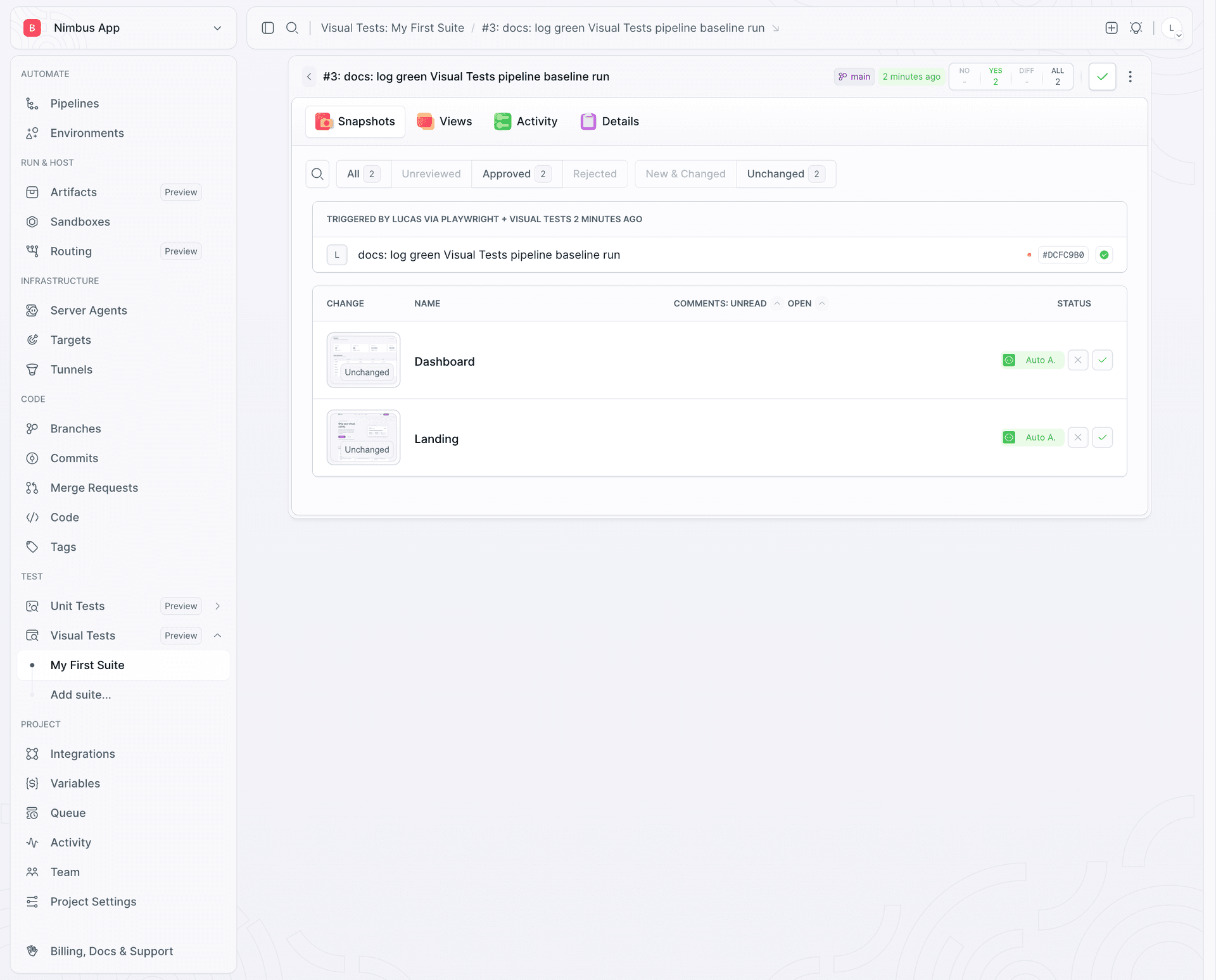 A Visual Tests session in CI with unchanged Landing and Dashboard snapshots marked Auto Approved