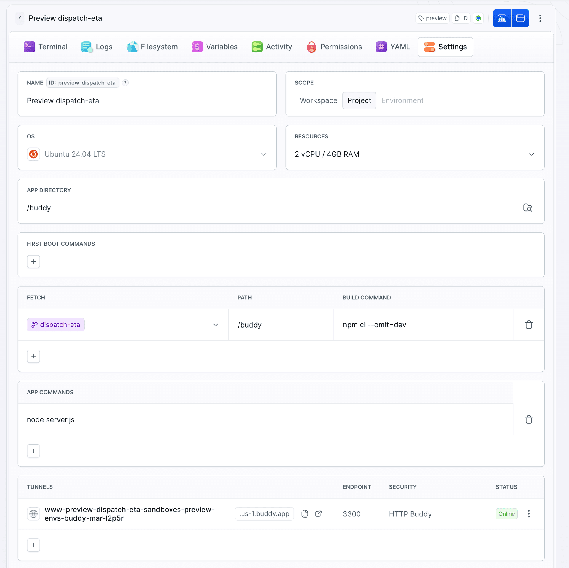 Settings tab of the preview-dispatch-eta sandbox, Tunnels section: the www row on port 3300 with HTTP Buddy protection and Online status