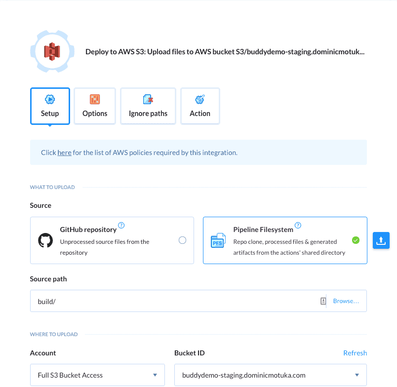 AWS S3 action configuration