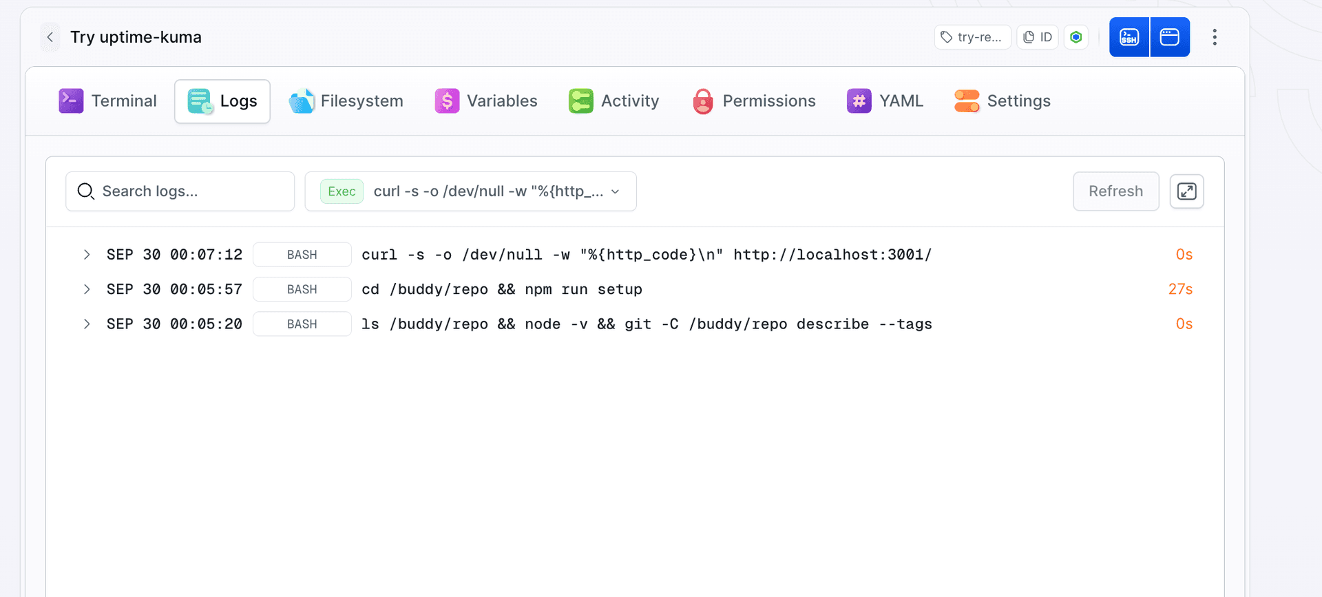 Logs tab of the Try uptime-kuma sandbox: three Exec commands, a repo and Node version check, npm run setup in 27 s and a curl to port 3001