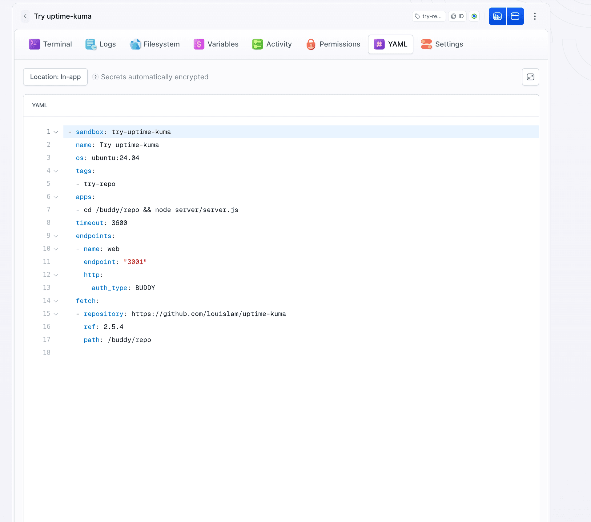YAML tab of the Try uptime-kuma sandbox: apps with node server/server.js, a web endpoint on port 3001 with auth_type BUDDY and a fetch of the uptime-kuma repository at tag 2.5.4