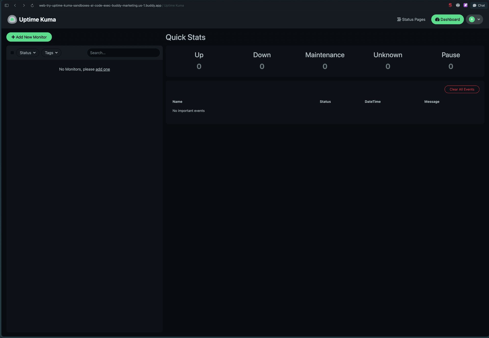Uptime Kuma dashboard with no monitors yet, open at the web-try-uptime-kuma address in the buddy.app domain