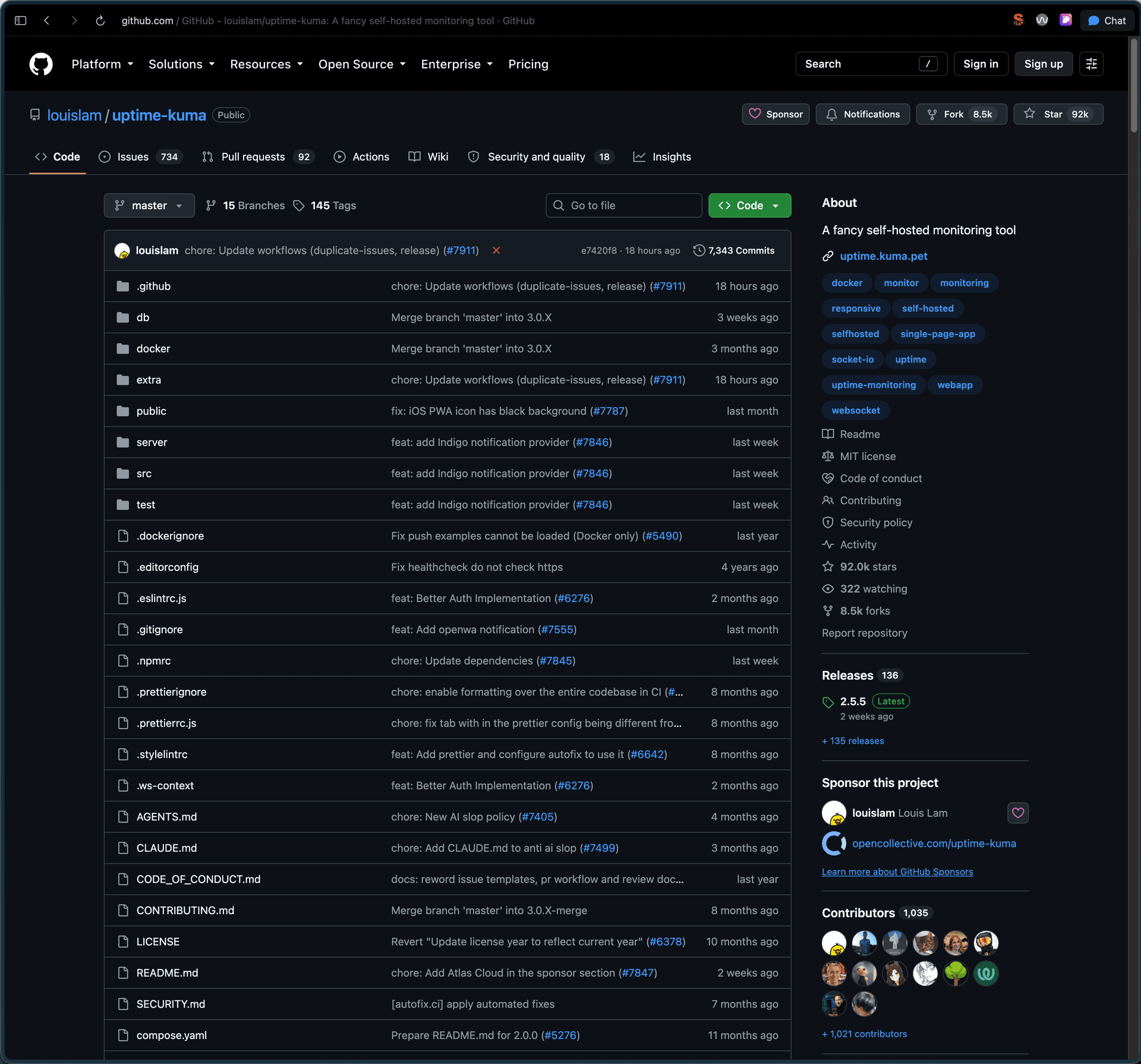 GitHub page of the louislam/uptime-kuma repository: public, 92k stars, README, server and src folders, latest release 2.5.5