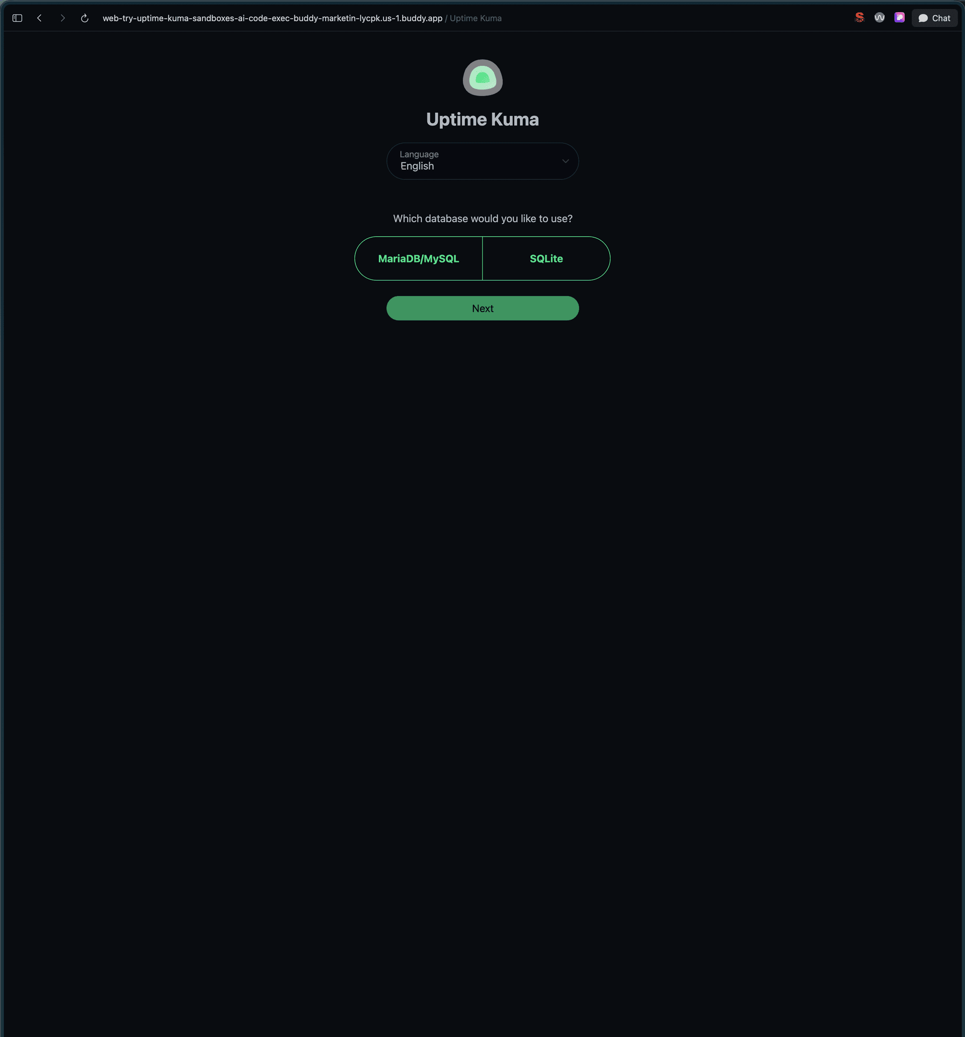 Uptime Kuma at web-try-uptime-kuma-...us-1.buddy.app asking Which database would you like to use, with a choice of MariaDB/MySQL or SQLite