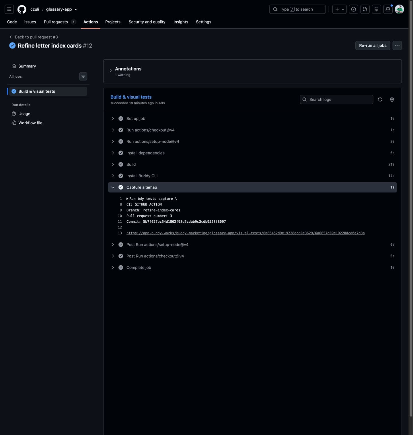 A green GitHub Actions run installing the Buddy CLI and capturing the sitemap