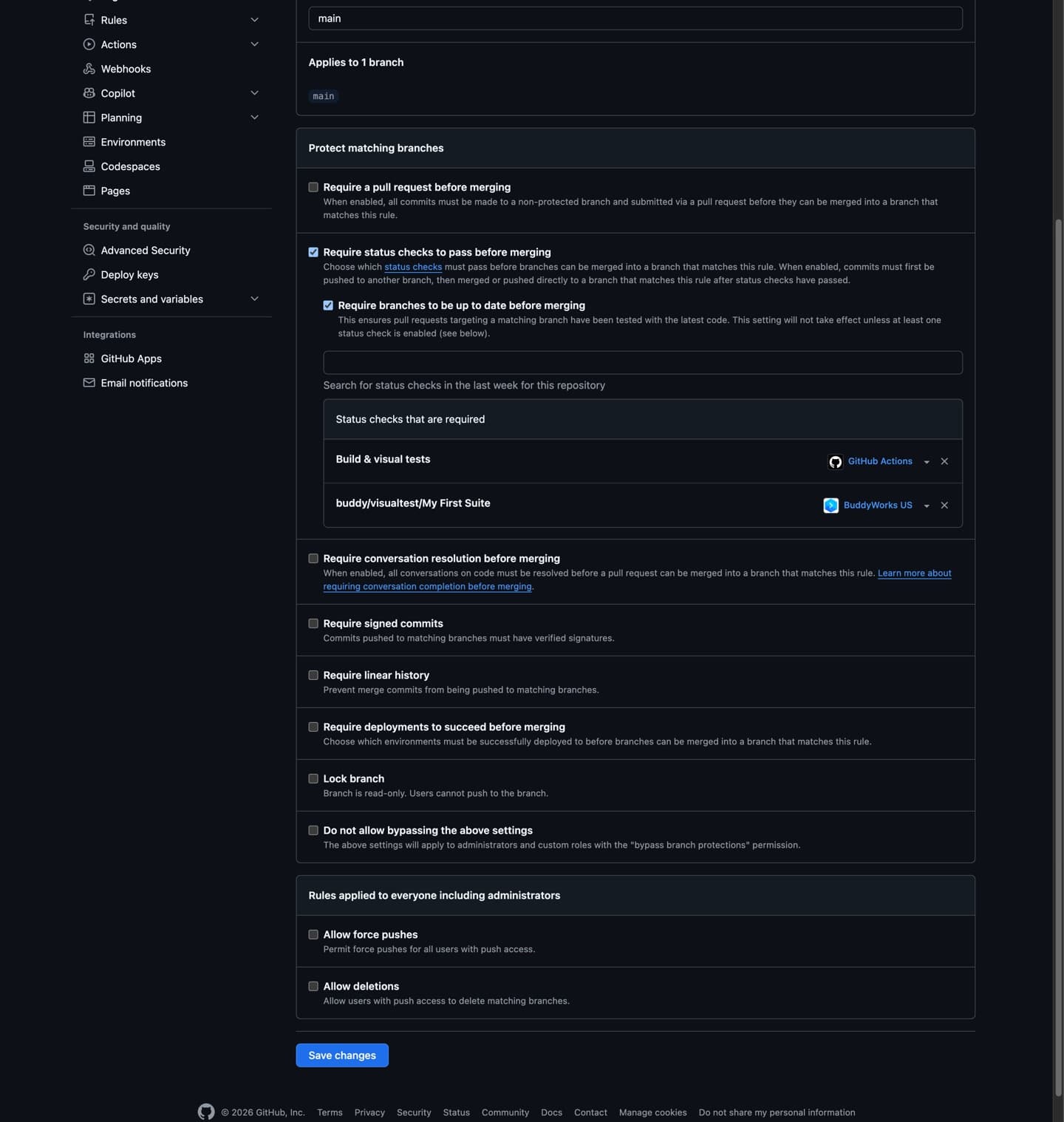 GitHub branch protection rule requiring the buddy/visualtest status check to pass before merging