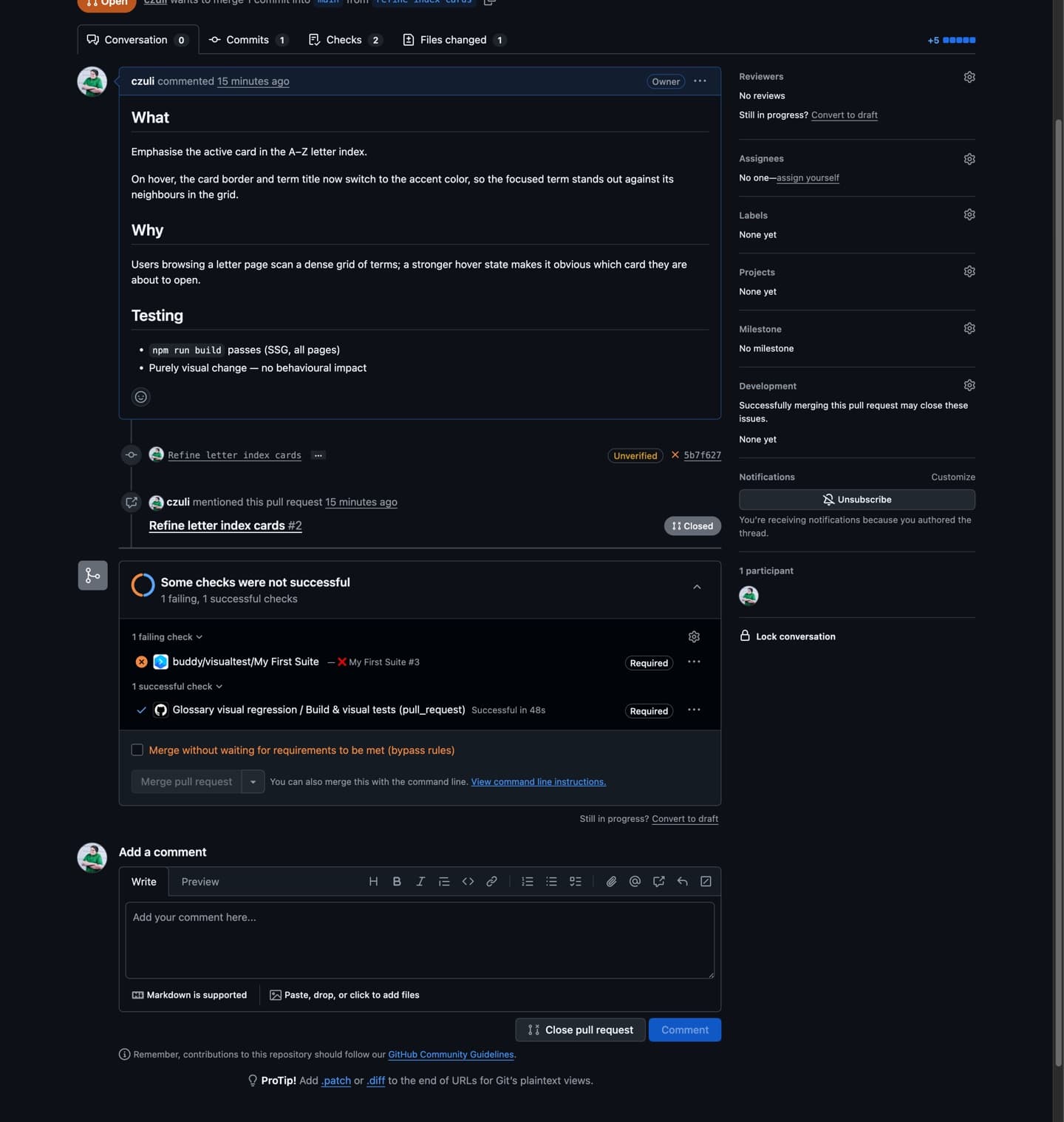 A GitHub pull request with the buddy/visualtest/My First Suite check failing and required, and the Merge button disabled