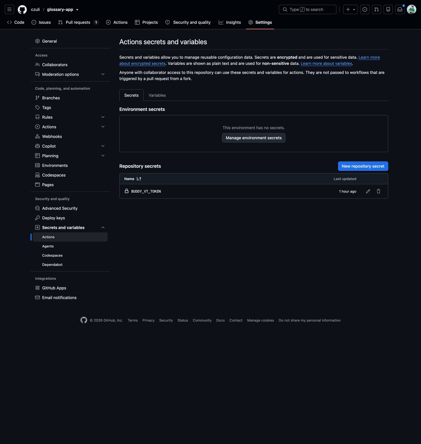 The BUDDY_VT_TOKEN secret added under Settings > Secrets and variables > Actions in a GitHub repository