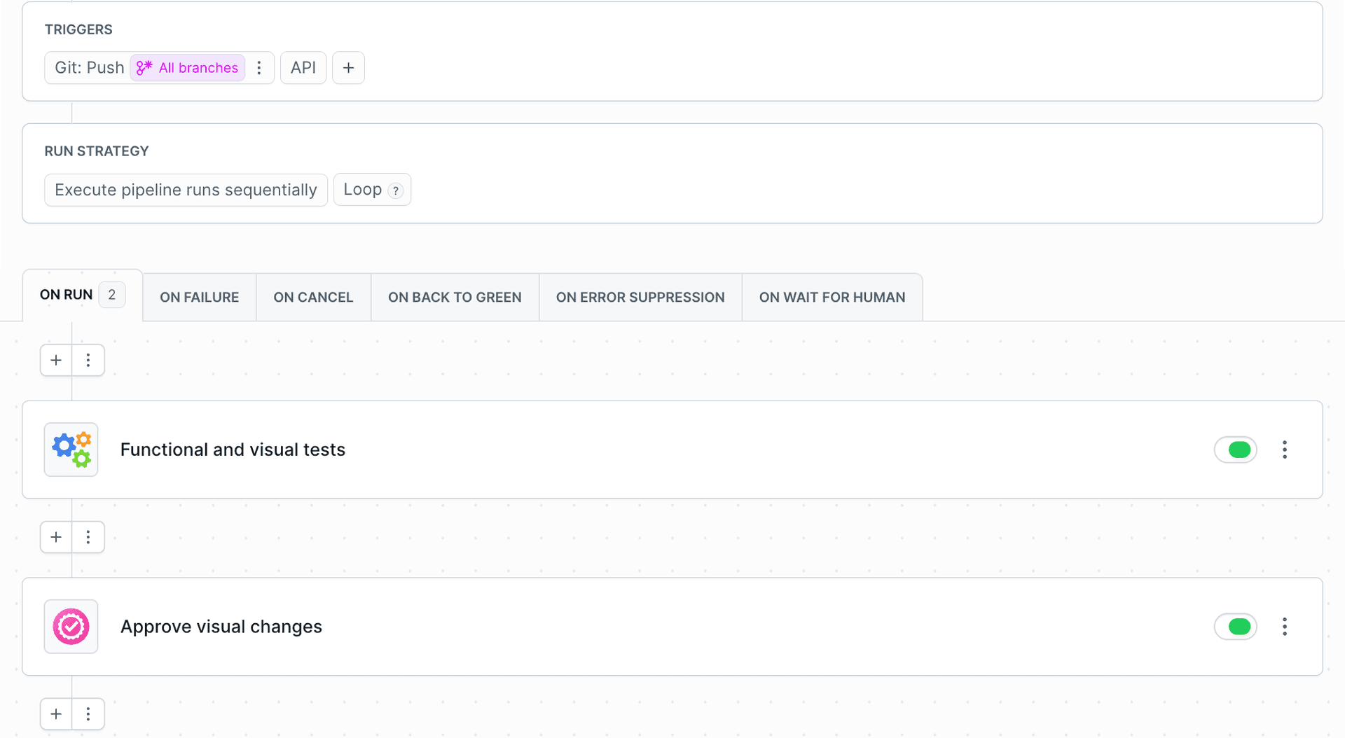 Pipeline Workflow tab: push trigger, the Functional and visual tests action, and the Approve visual changes gate