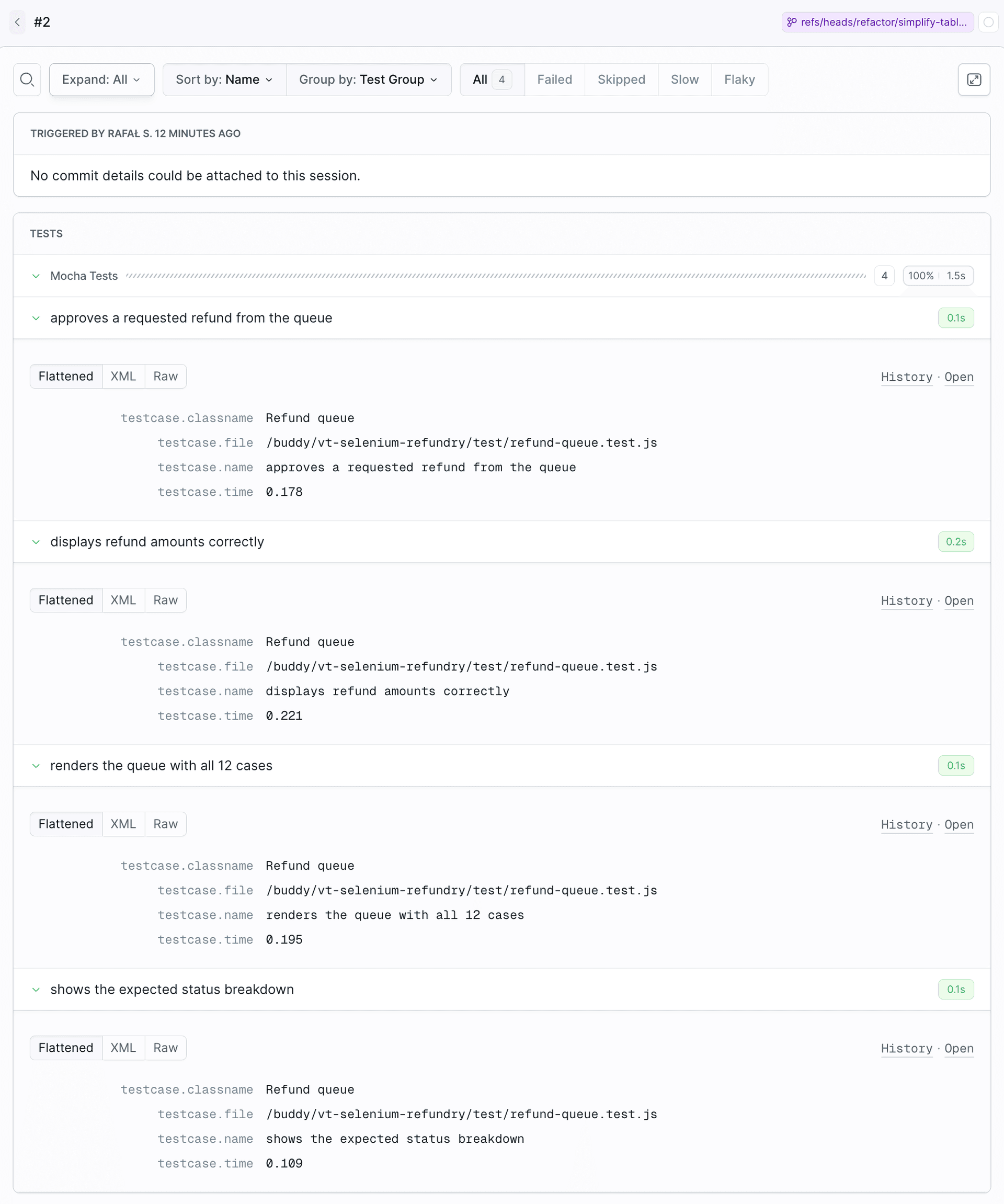 A Unit Tests session: four green tests of the refund-queue suite, 100% passed