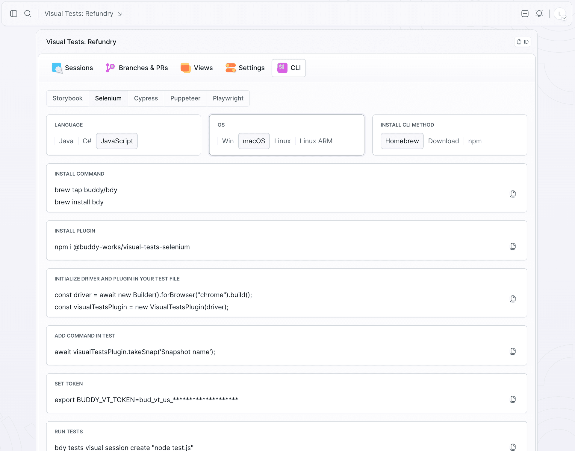 Suite CLI tab with runner tabs, Selenium selected: package install, plugin setup, takeSnap, and the session command