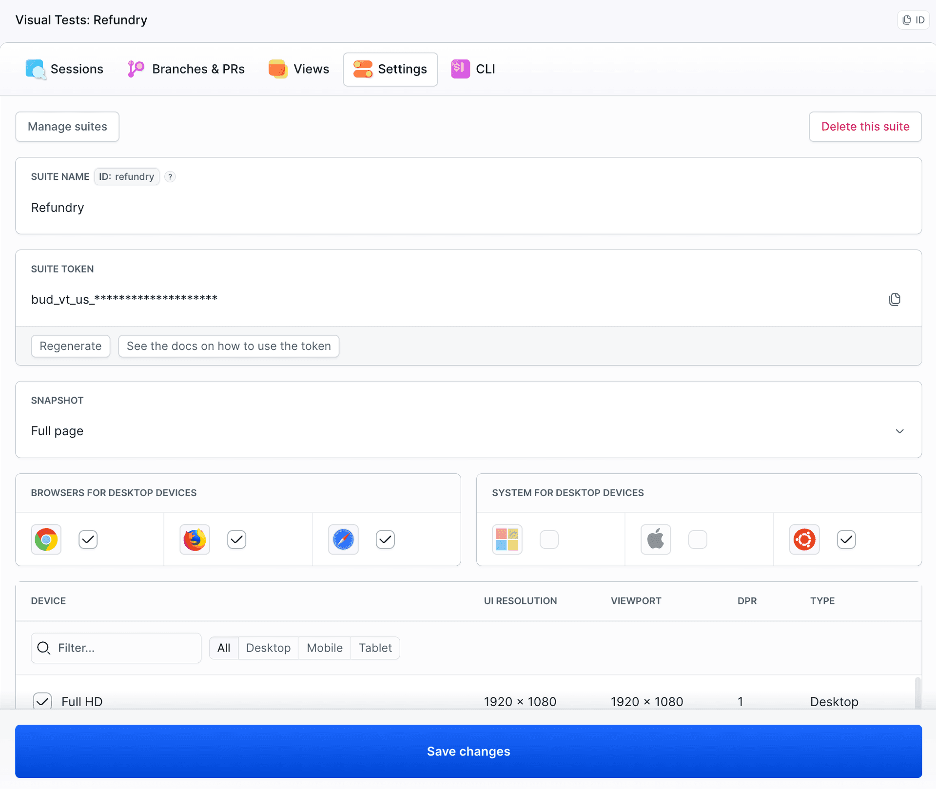 Refundry suite Settings: Full page mode, Chrome/Firefox/Safari on Ubuntu, Full HD and Laptops devices, suite token