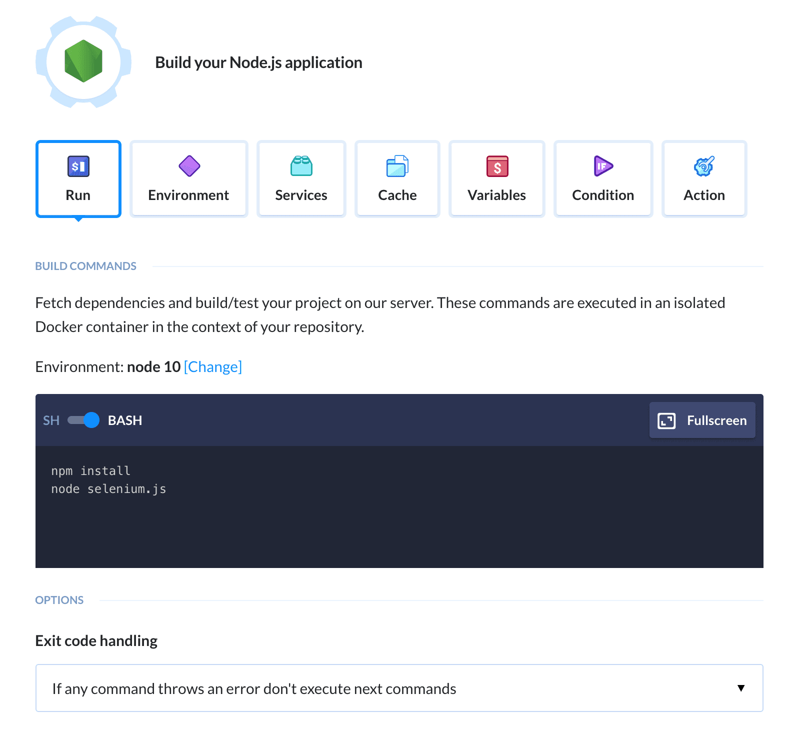 Configuring Node.js action