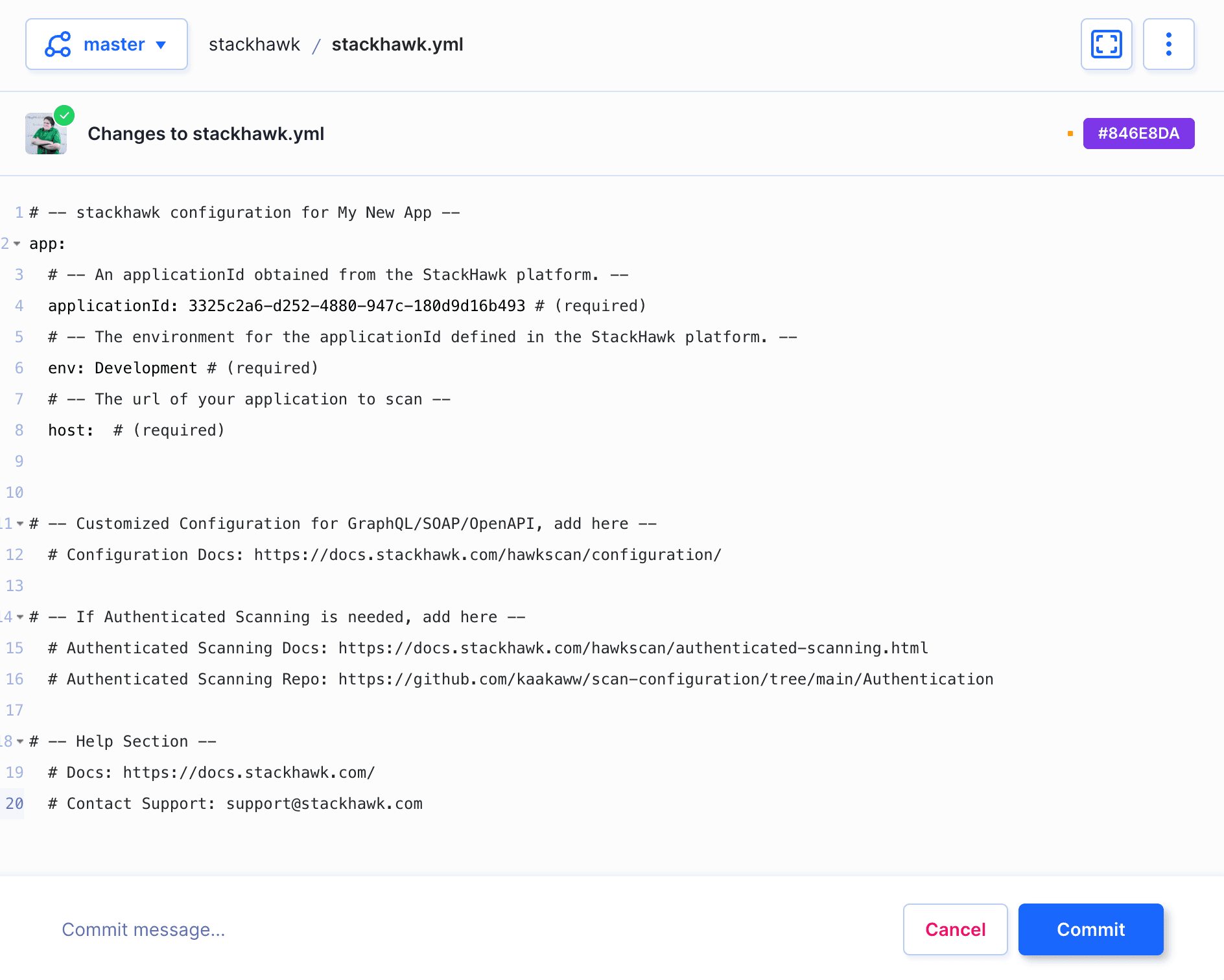 stackhawk.yml preview in Buddy repository editor
