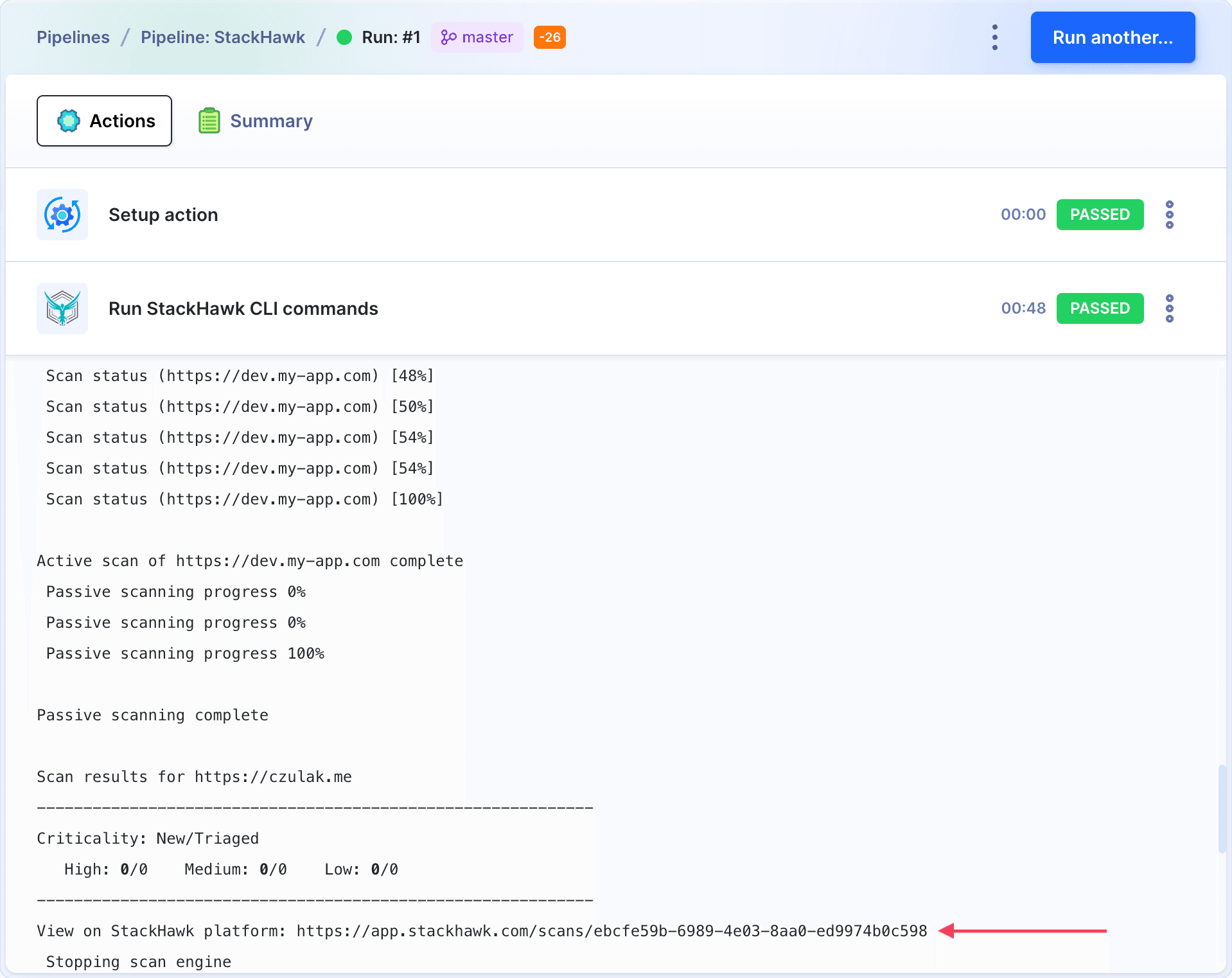 Run details with expanded action logs