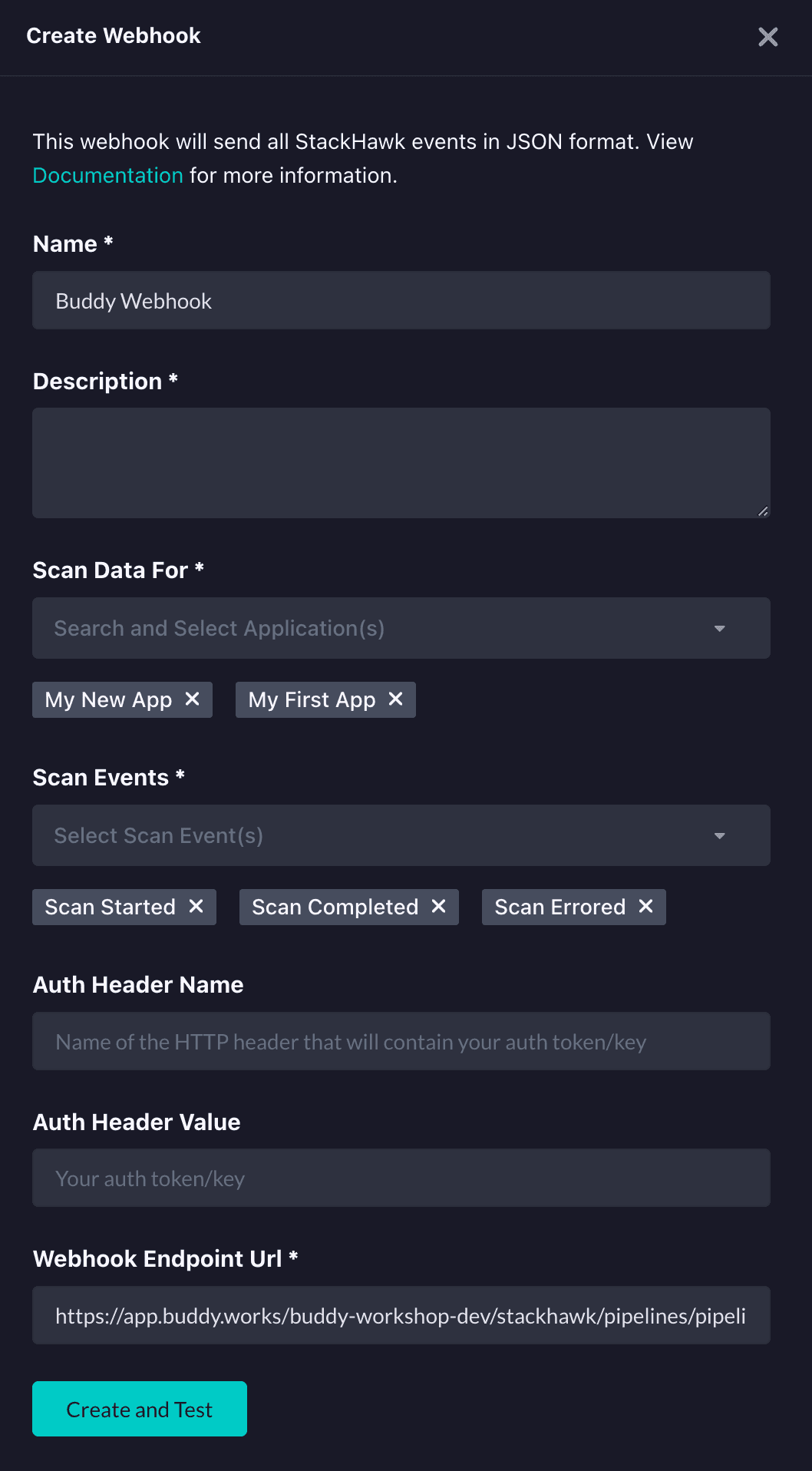 Webhook configuration in StackHawk