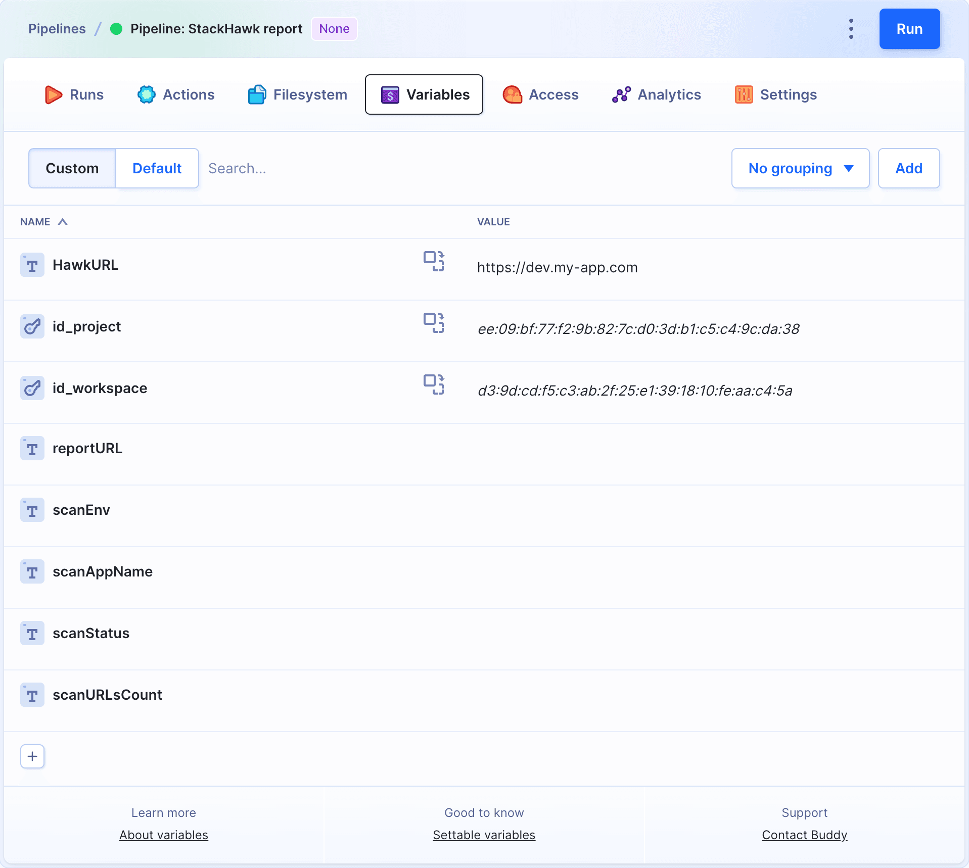 Pipeline variables view
