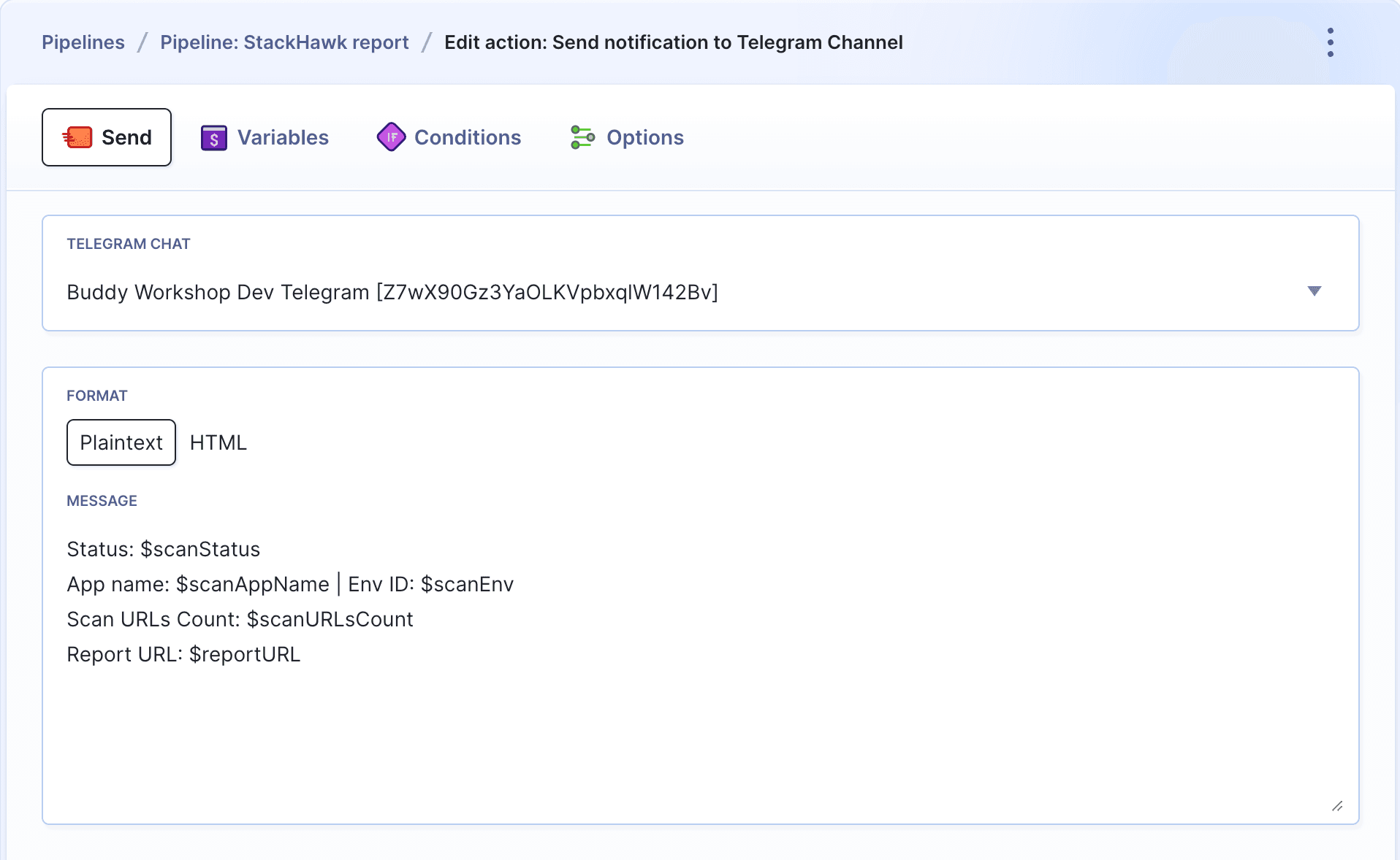 Telegram with variables to pass