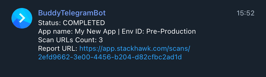 StackHawk scan results parsed to Telegram message