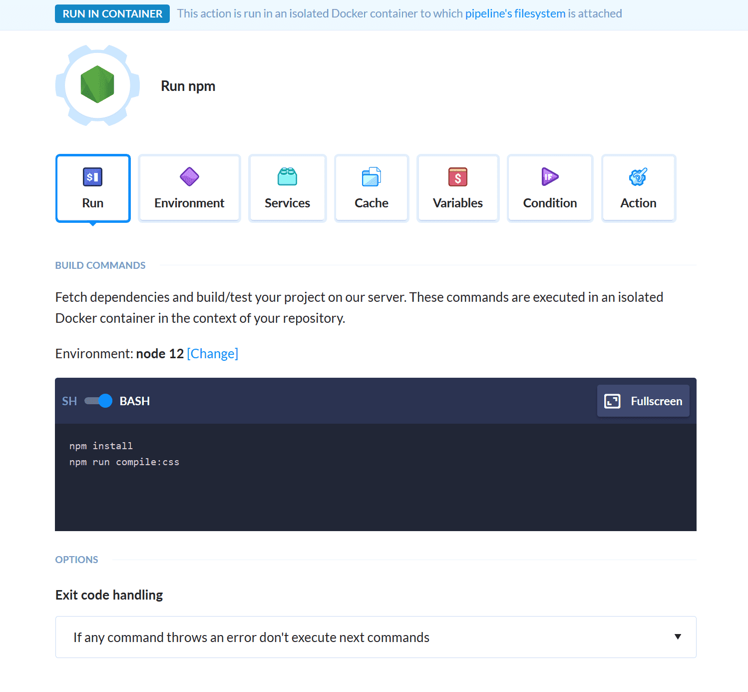 Node.js action configuration