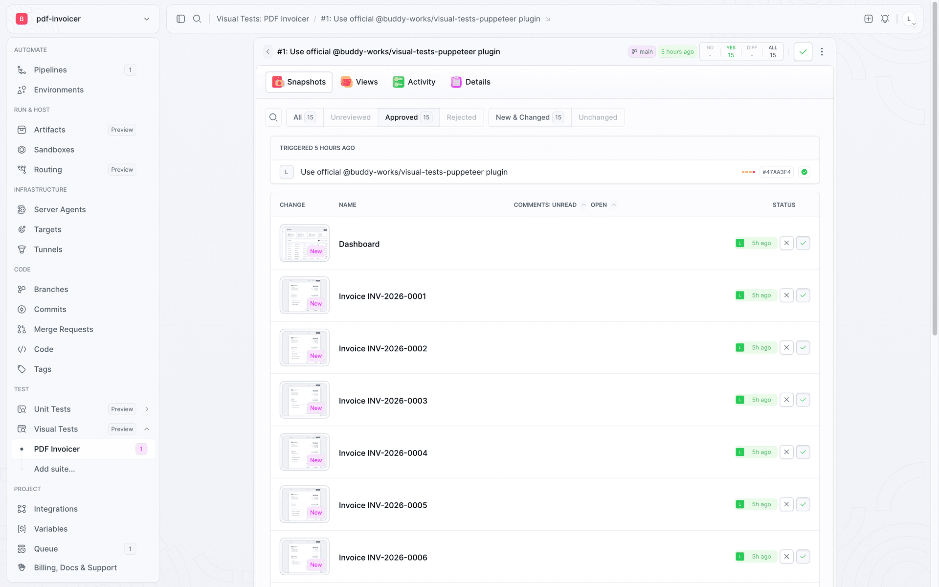 The suite baseline gallery: sign-in, dashboard, the New invoice form, and invoices marked as Approved