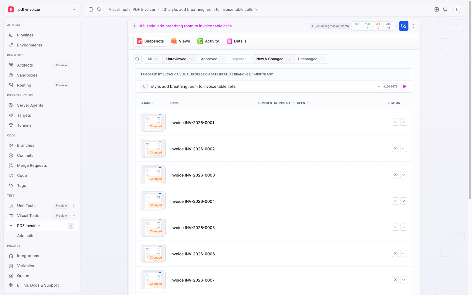 The session snapshot list: 12 invoices marked Changed, the three other pages Unchanged