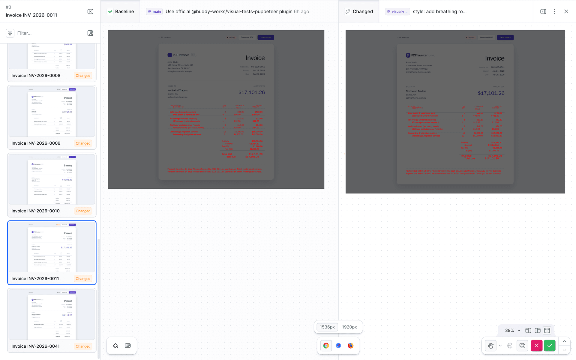 Show differences mode on invoice INV-2026-0011 with a red overlay on the amounts column