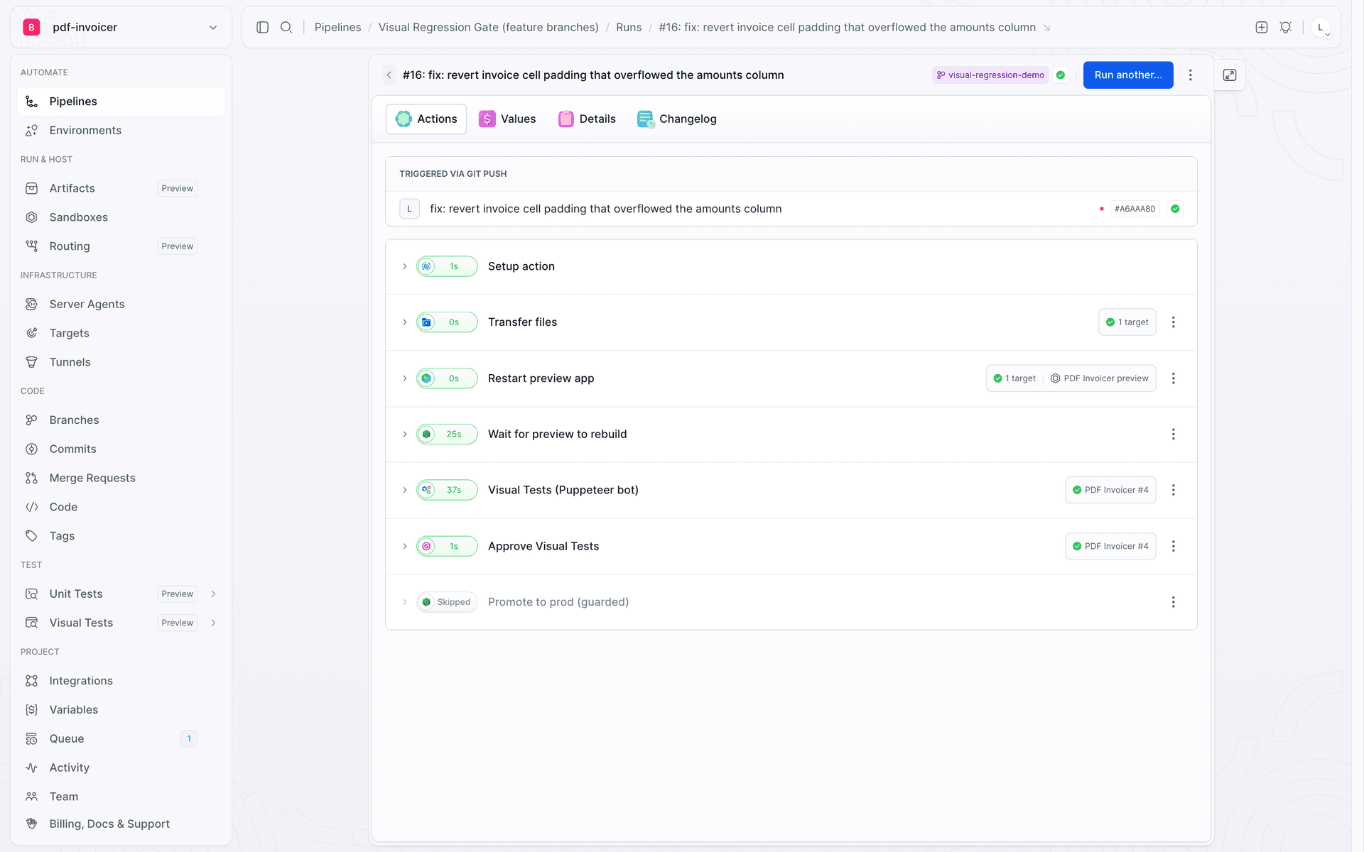 A fully green pipeline: the Visual Tests session, the Approve gate, and Promote to prod completed