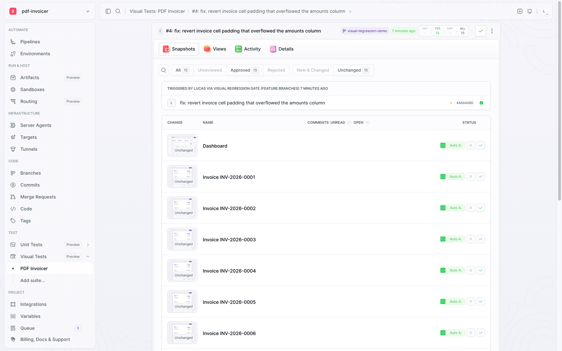 The Visual Tests session after the fix: all 15 snapshots Unchanged and Auto Approved
