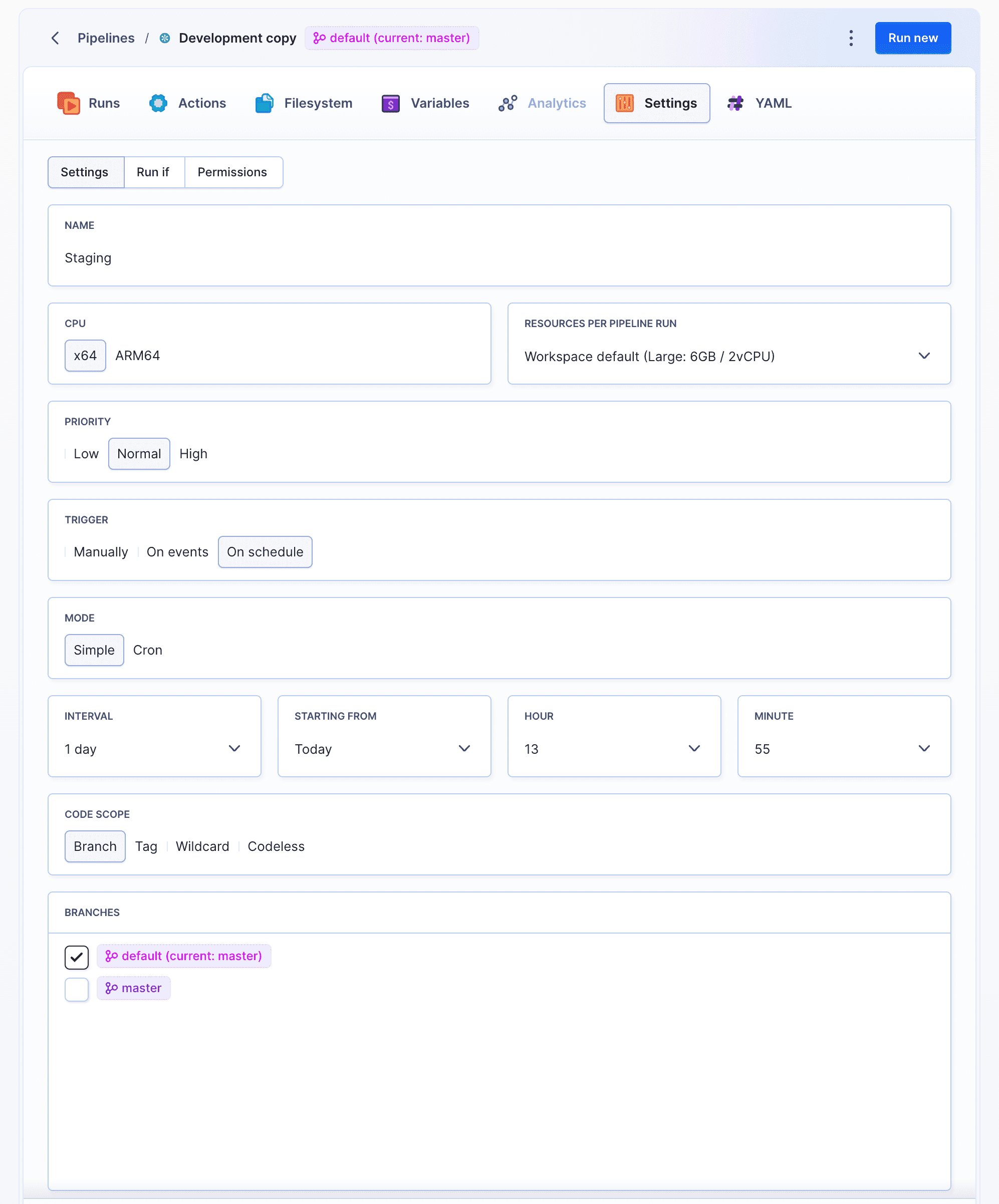 Pipeline settings