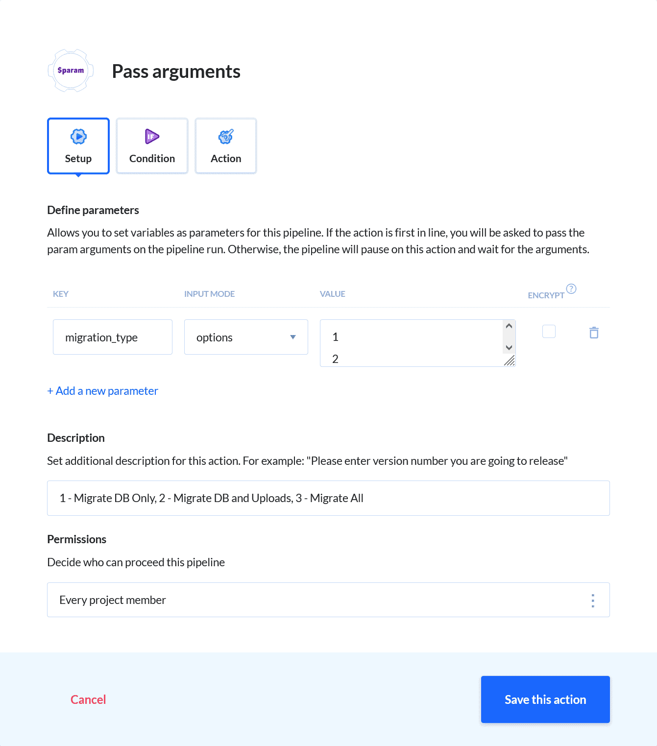 PHP action config - Pass arguments